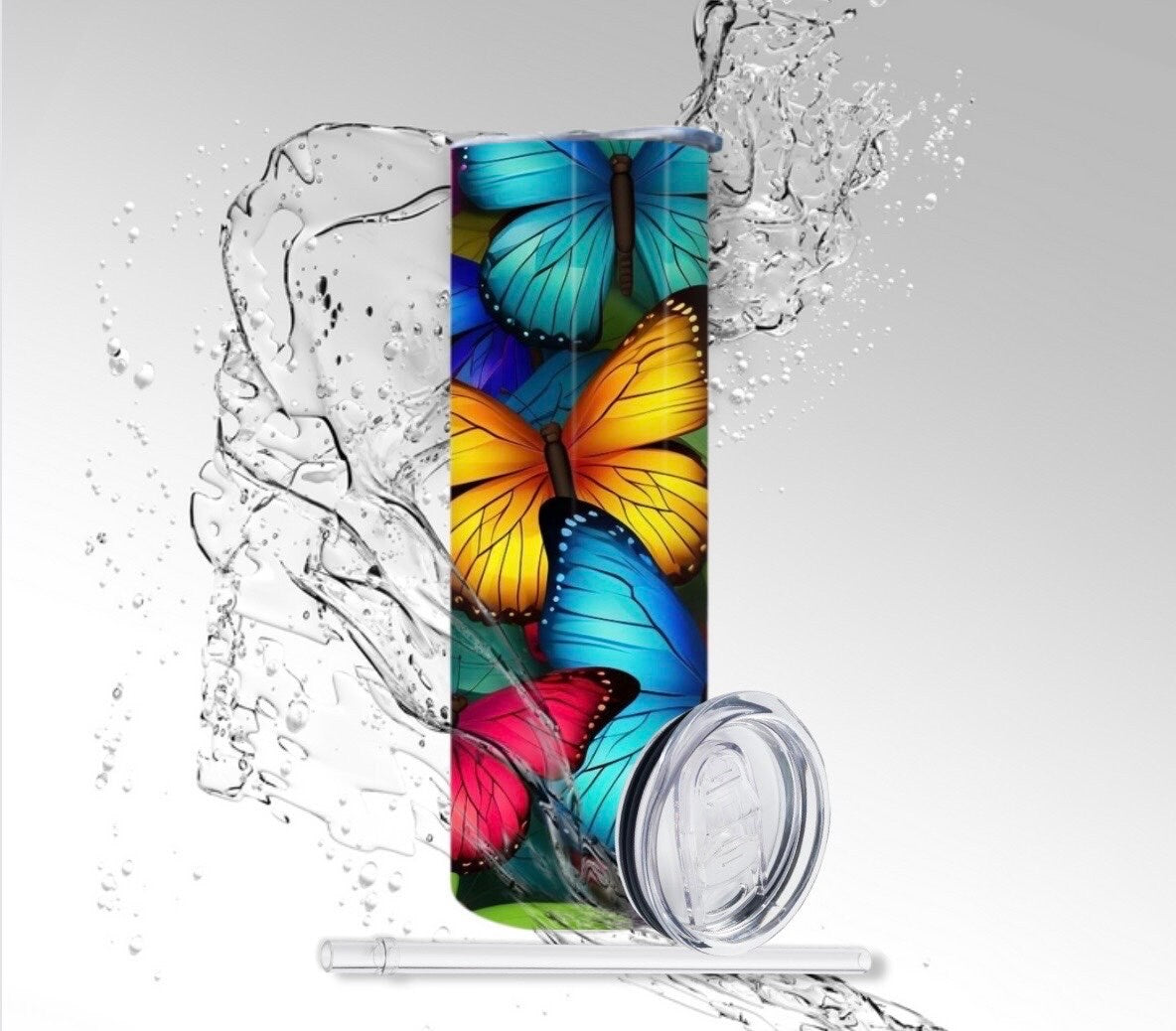 Rainbow 3D Butterflies, Sublimation Insulated Tumbler