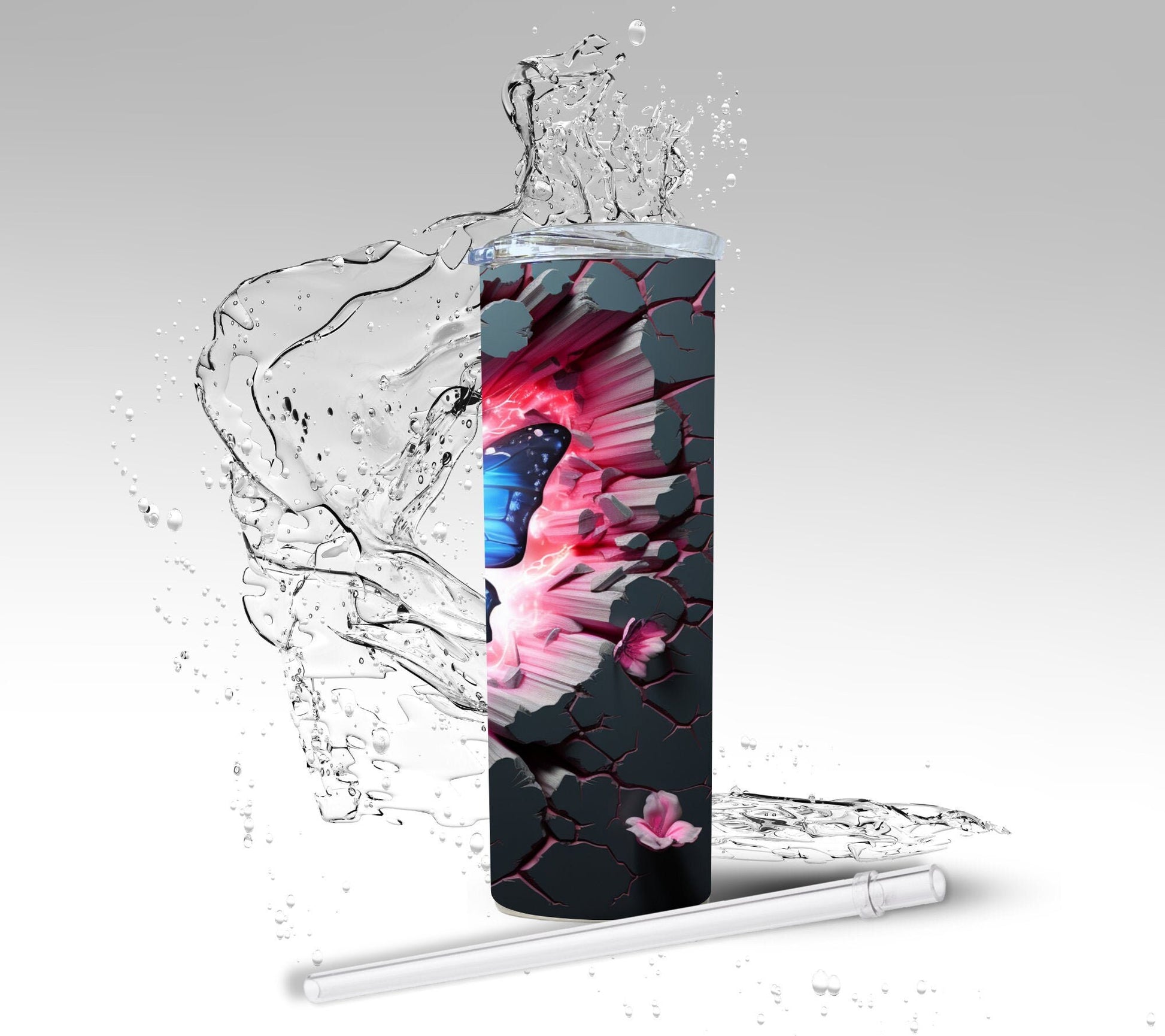 3D Cracked Wall Butterfly, Sublimation 20 oz Skinny Tumbler