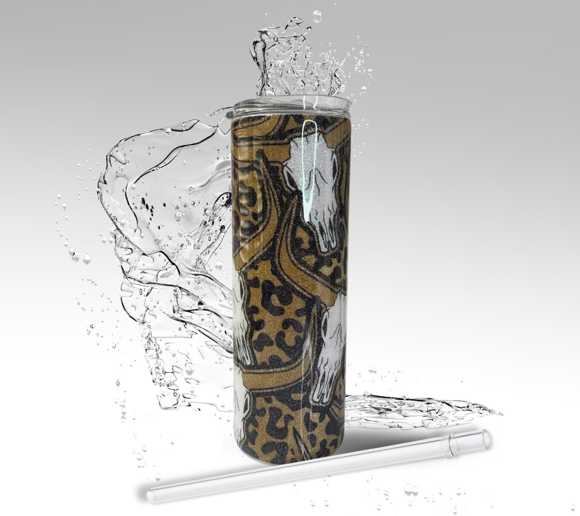 Leopard Print Cattle Skull, Epoxy 20 oz Skinny Tumbler