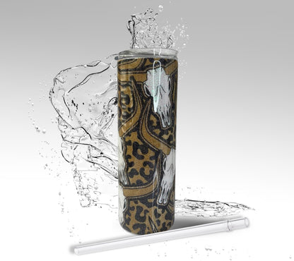 Leopard Print Cattle Skull, Epoxy 20 oz Skinny Tumbler