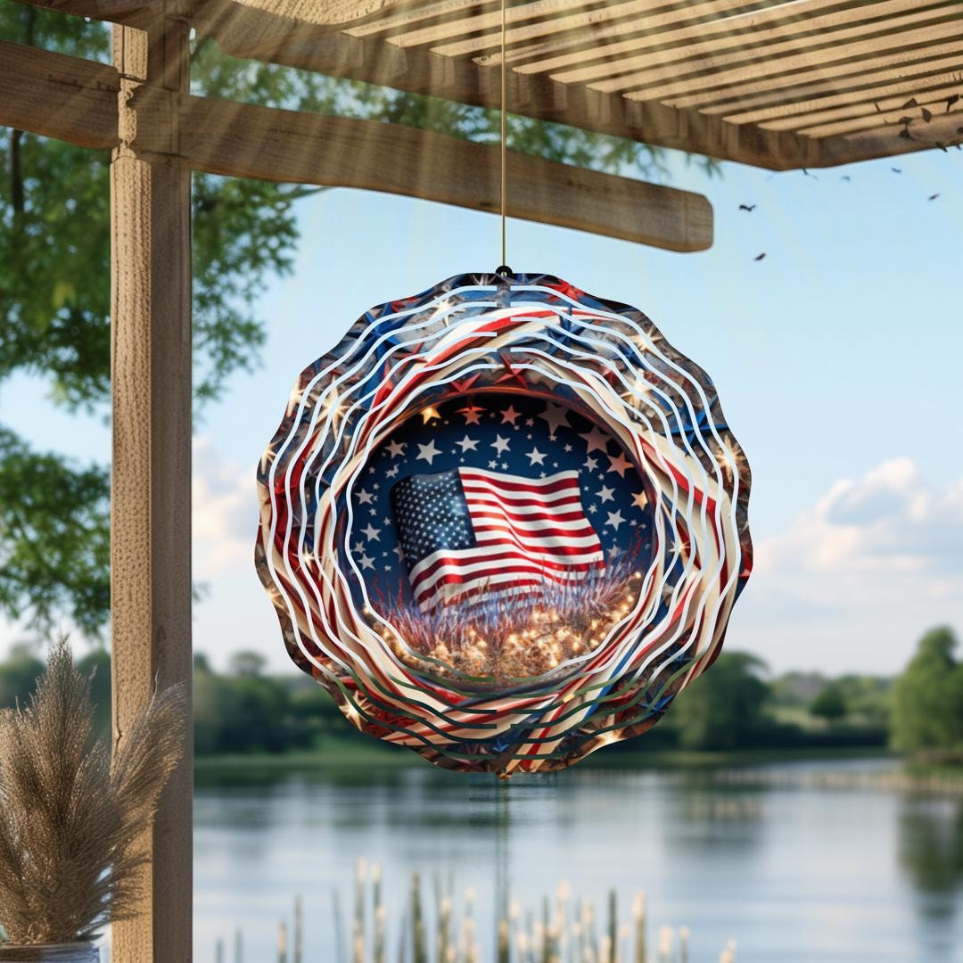 American Flag and Fireworks, 10 inch Garden Wind Spinner