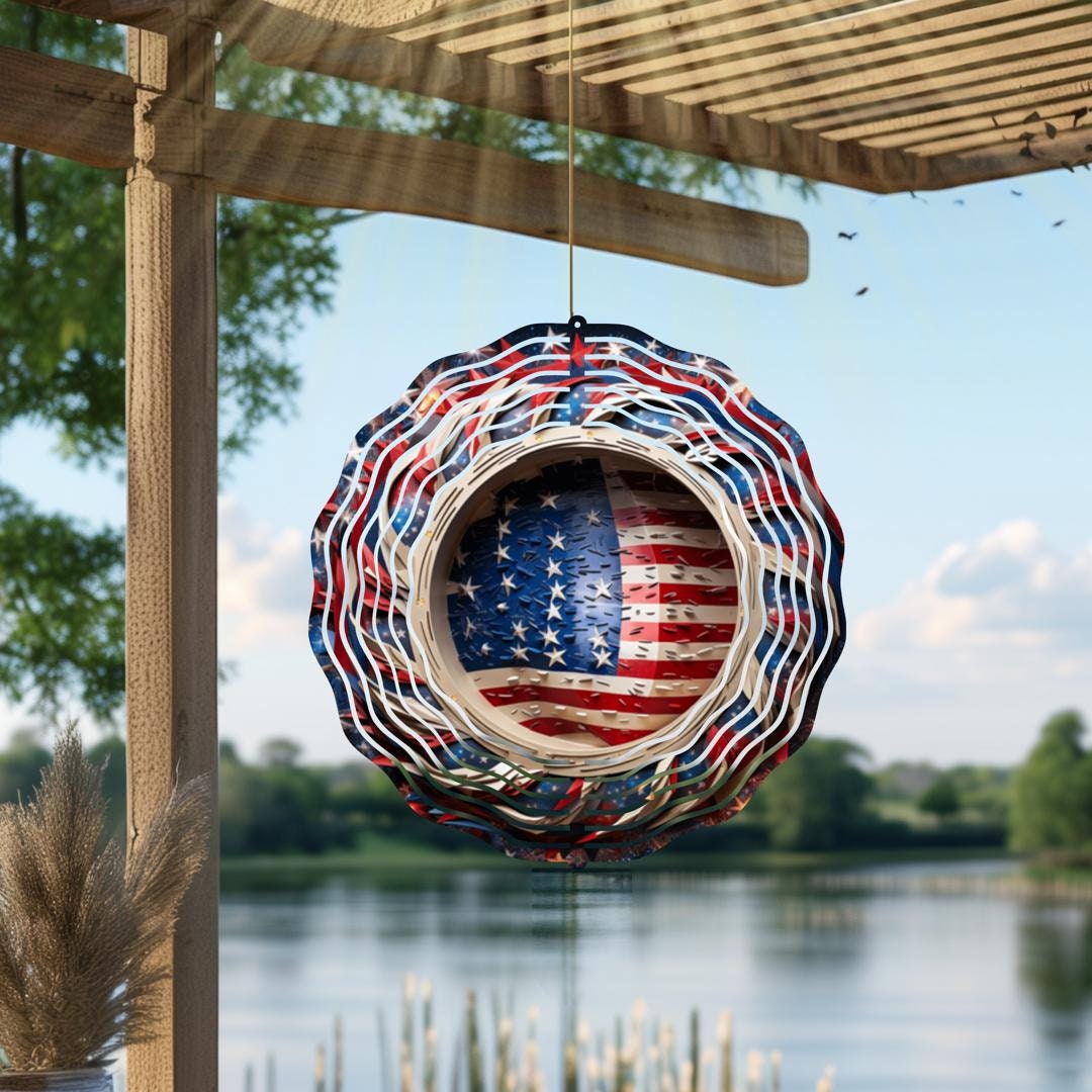 American Flag and Fireworks, 10 inch Garden Wind Spinner