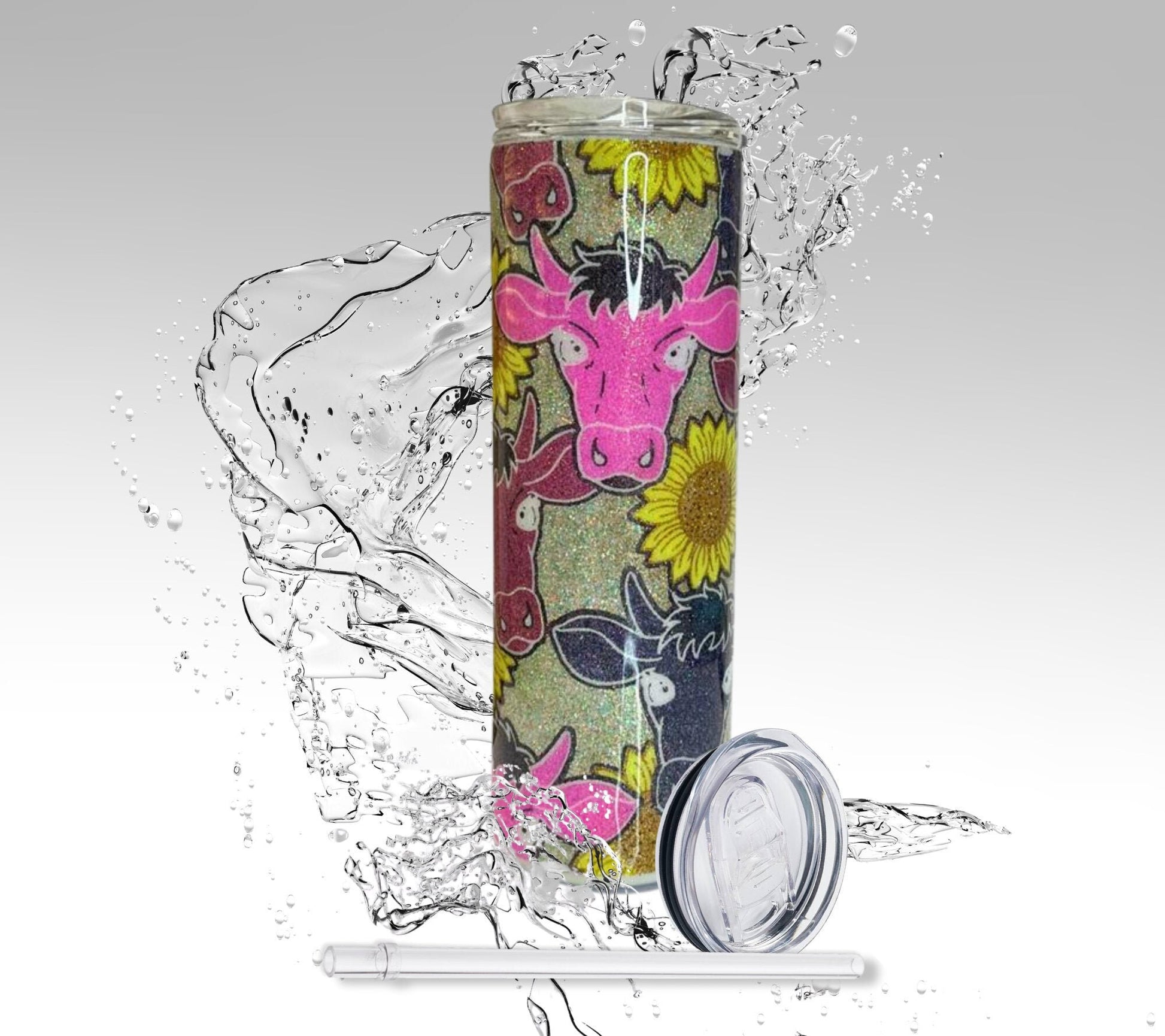 Sunflowers & Cows, Glitter Epoxy 20 oz Skinny Stainless Steel Tumbler