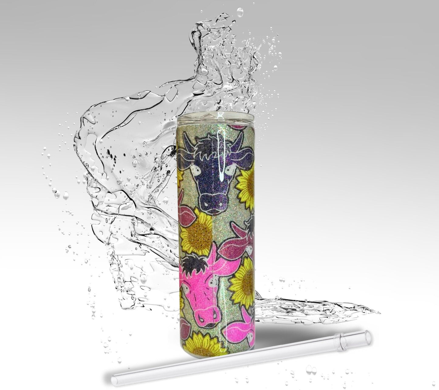 Sunflowers & Cows, Glitter Epoxy 20 oz Skinny Stainless Steel Tumbler