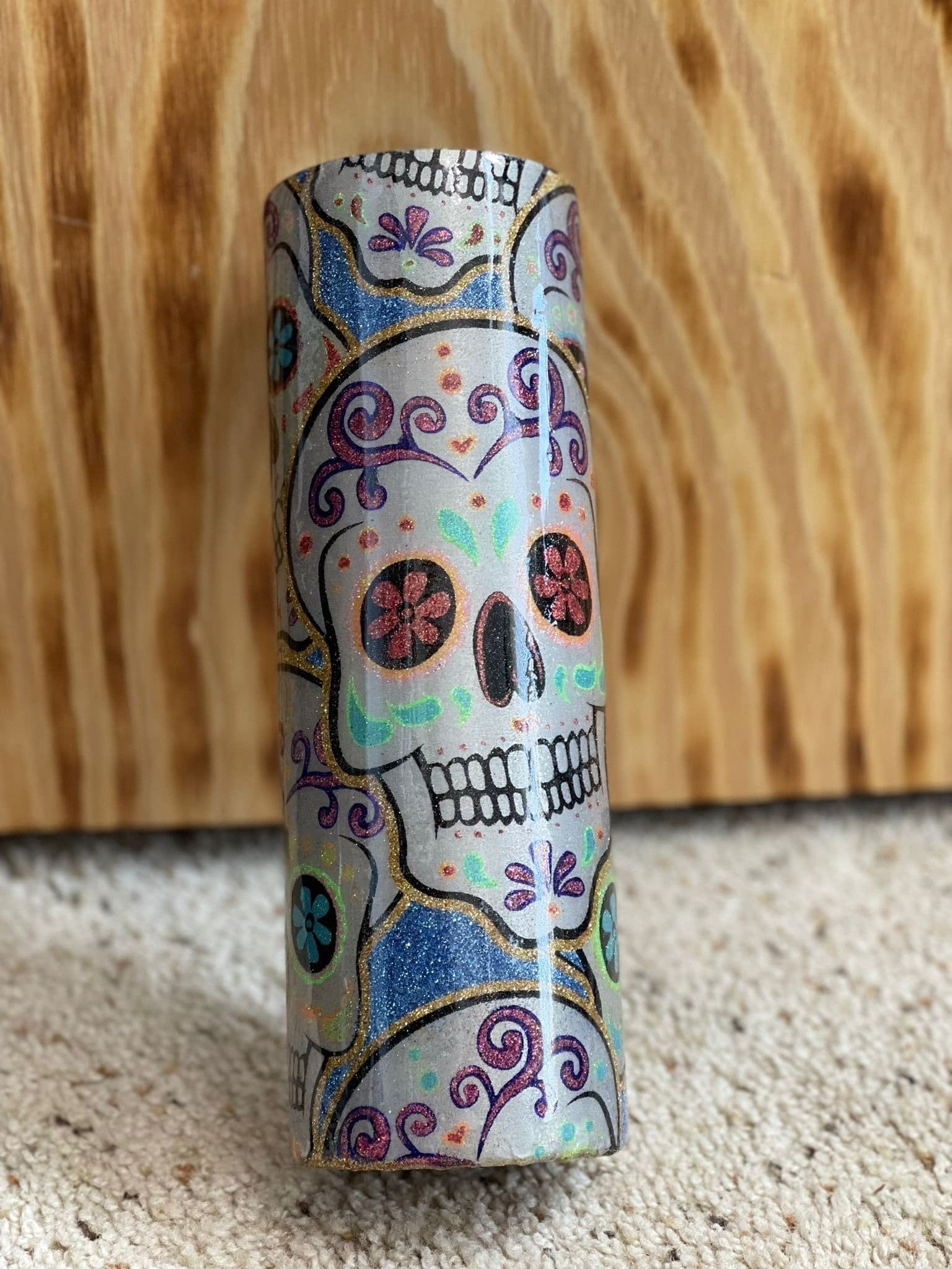 Halloween Tumbler: Stacked Sugar Skulls, Glitter Epoxy 20 oz Skinny Tumbler