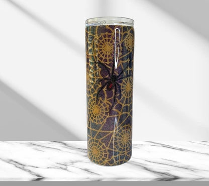 Halloween Tumbler, Black Widow Spider Web Tumbler, Glitter Epoxy 20 oz Skinny Tumbler