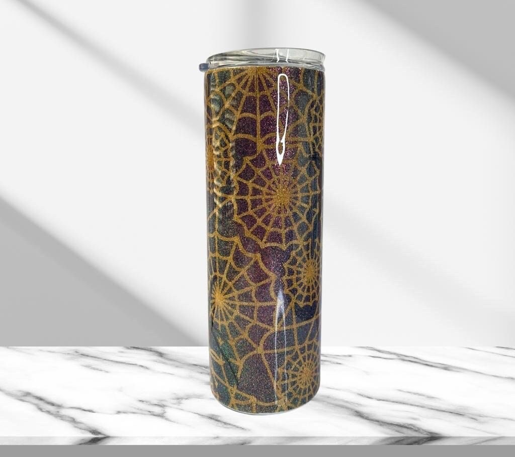 Halloween Tumbler, Black Widow Spider Web Tumbler, Glitter Epoxy 20 oz Skinny Tumbler