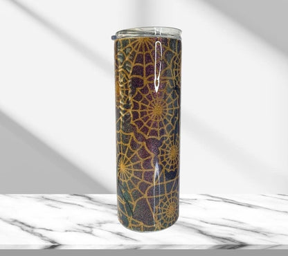 Halloween Tumbler, Black Widow Spider Web Tumbler, Glitter Epoxy 20 oz Skinny Tumbler