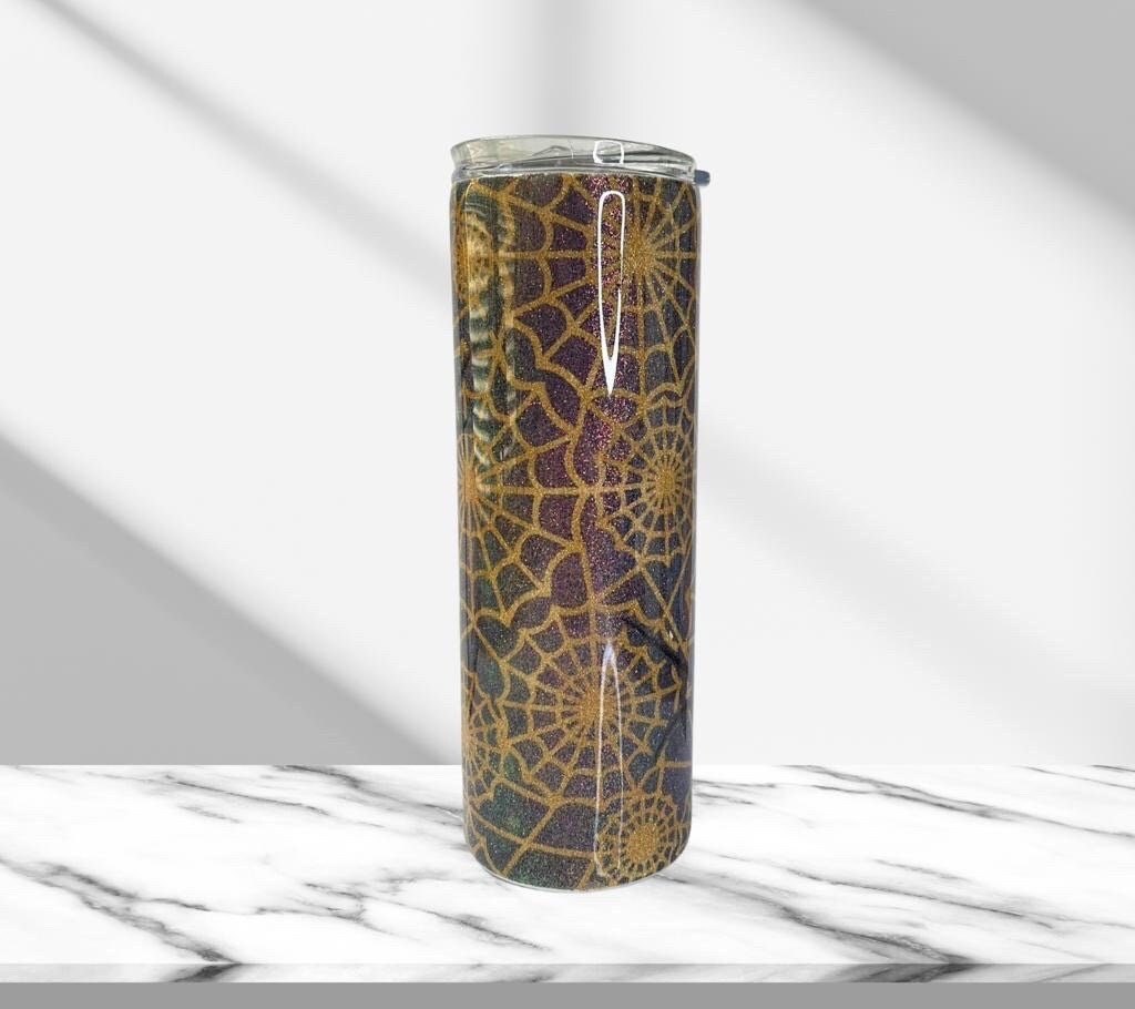 Halloween Tumbler, Black Widow Spider Web Tumbler, Glitter Epoxy 20 oz Skinny Tumbler