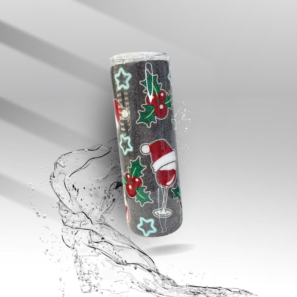 Christmas Holly & Wine, Glittered Epoxy Insulated Tumbler