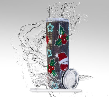 Christmas Holly & Wine, Glitter Epoxy 20 oz Skinny Tumbler