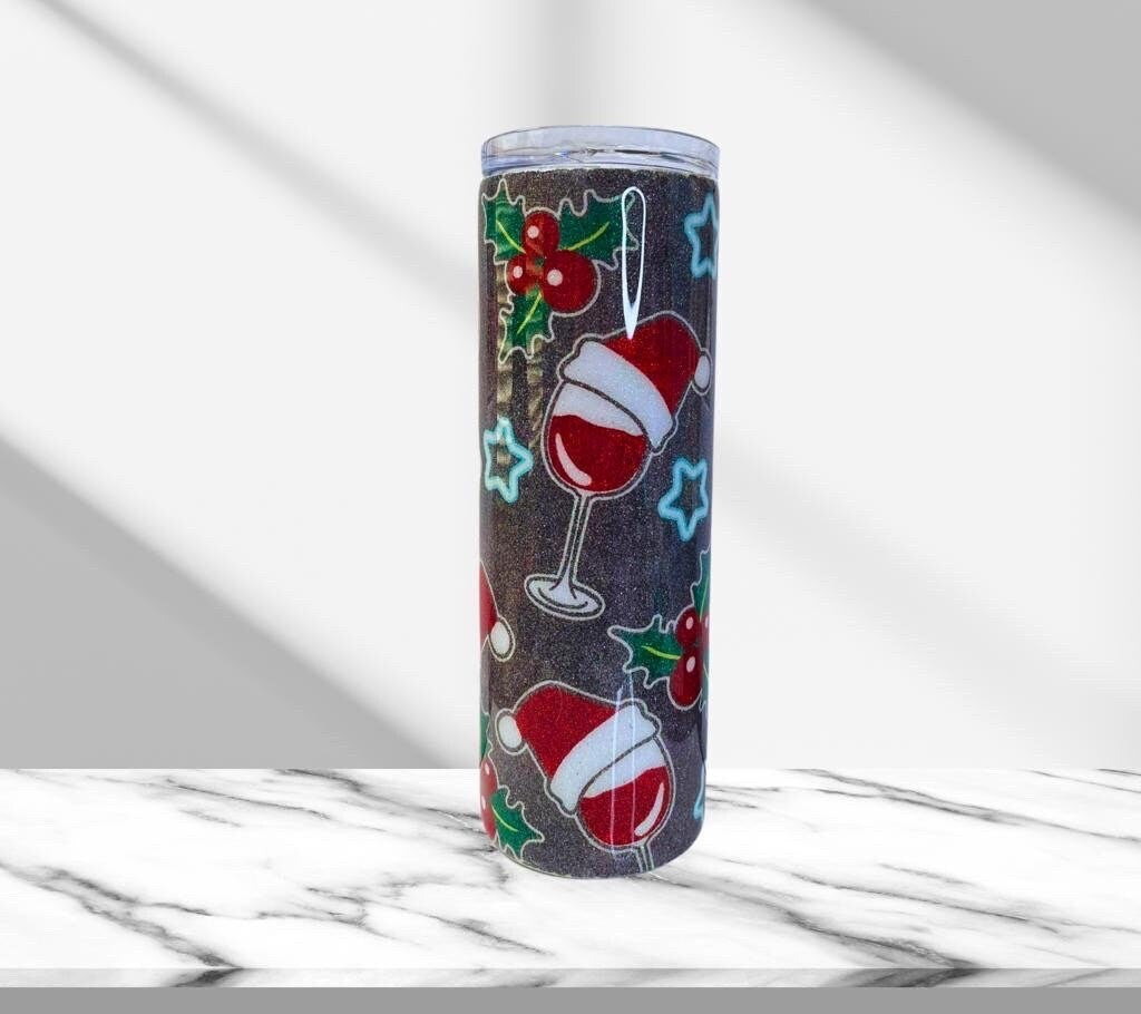 Christmas Holly & Wine, Glitter Epoxy 20 oz Skinny Tumbler