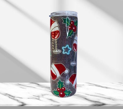 Christmas Holly & Wine, Glitter Epoxy 20 oz Skinny Tumbler