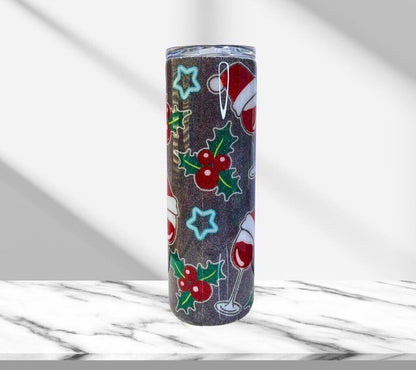 Christmas Holly & Wine, Glitter Epoxy 20 oz Skinny Tumbler