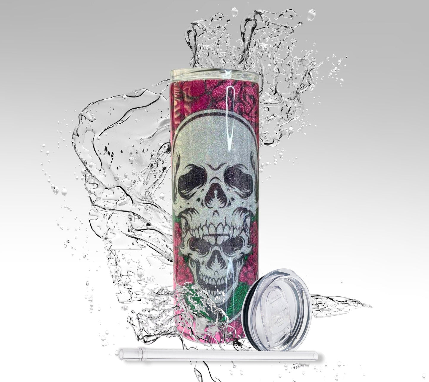 Pink Skulls & Roses, Glitter Epoxy 20oz Skinny Tumbler