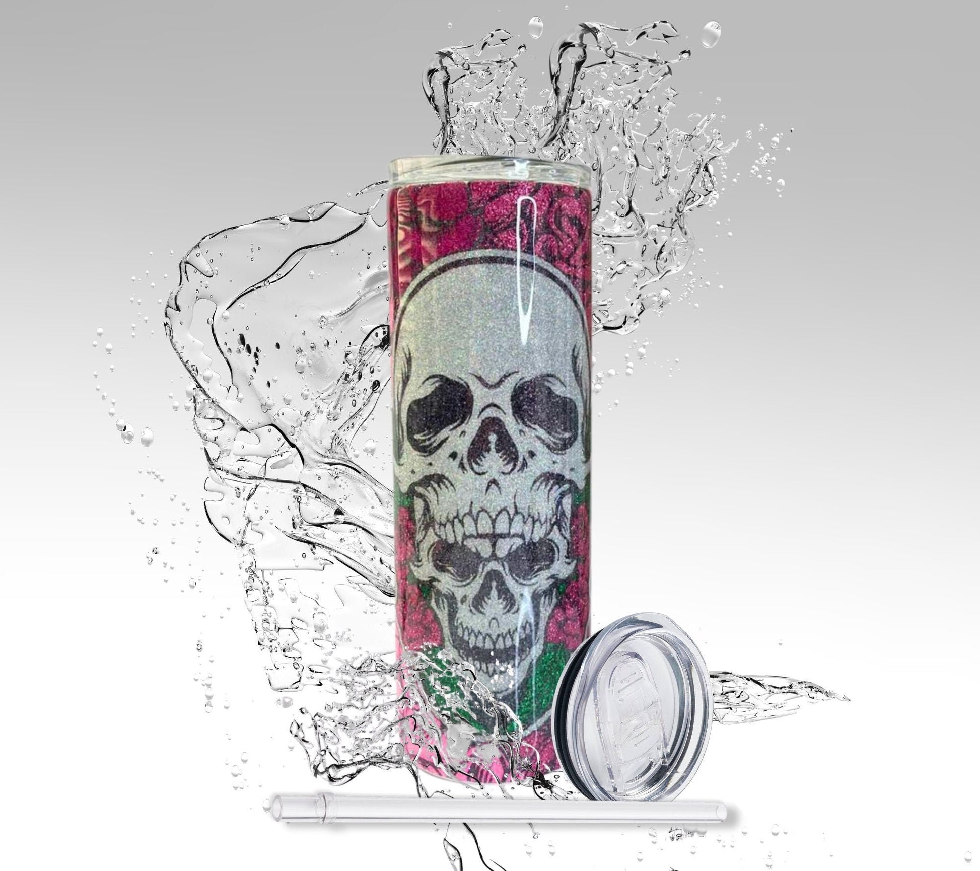 Pink Skulls & Roses, Glitter Epoxy 20oz Skinny Tumbler