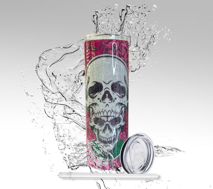 Pink Skulls & Roses, Glitter Epoxy 20oz Skinny Tumbler