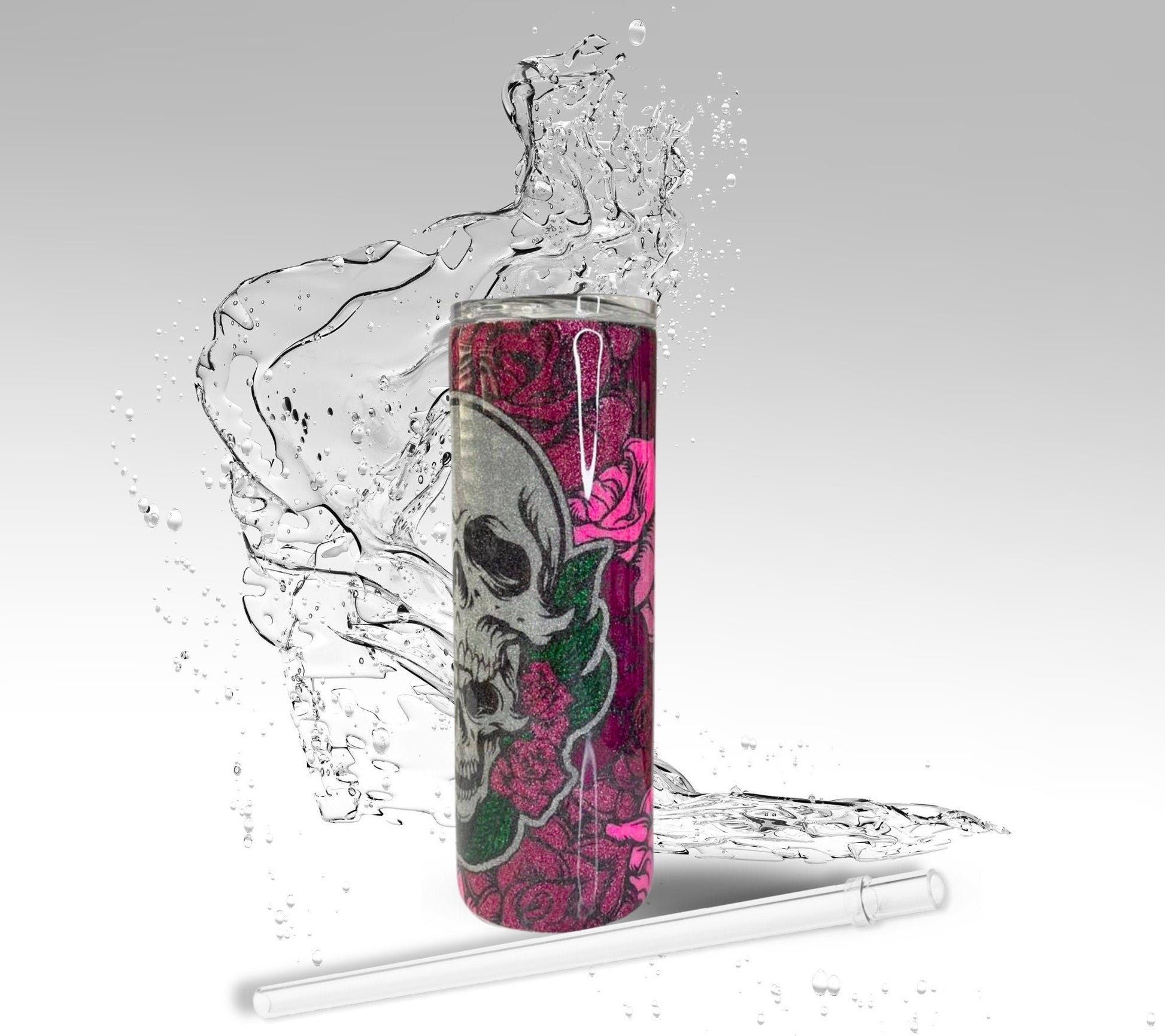 Pink Skulls & Roses, Glitter Epoxy 20oz Skinny Tumbler