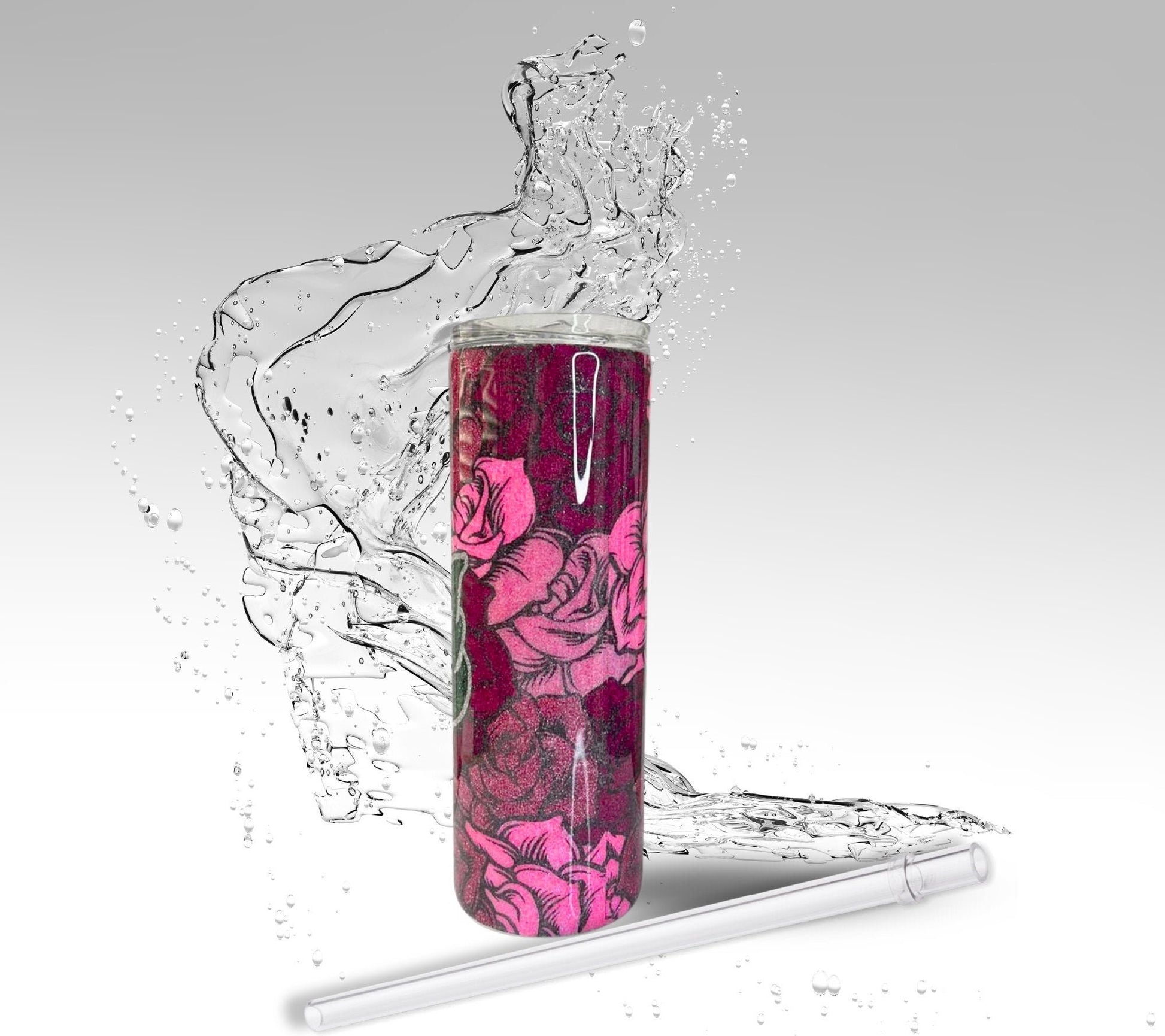 Pink Skulls & Roses, Glitter Epoxy 20oz Skinny Tumbler