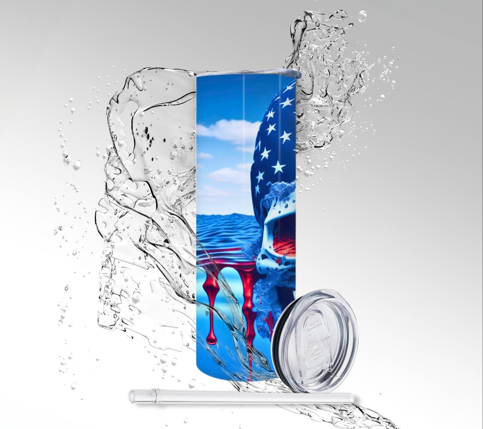 American Flag Water Skull, Sublimated 20 oz Skinny Tumbler