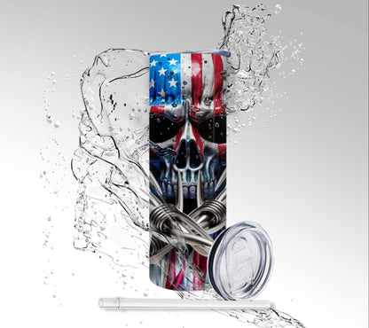 Barb Wire American Flag Skull, Sublimated 20 oz Skinny Tumbler