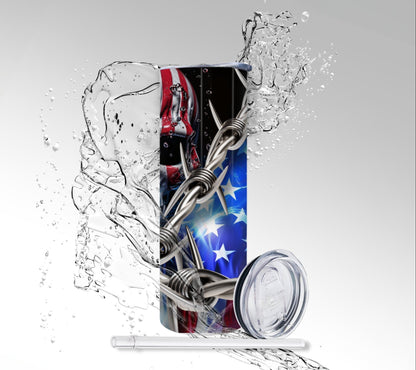 Barb Wire American Flag Skull, Sublimated 20 oz Skinny Tumbler