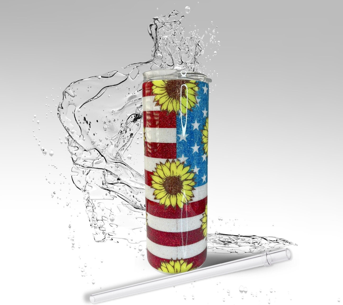 American Flag Sunflower, Glitter Epoxy 20 oz Skinny Tumbler