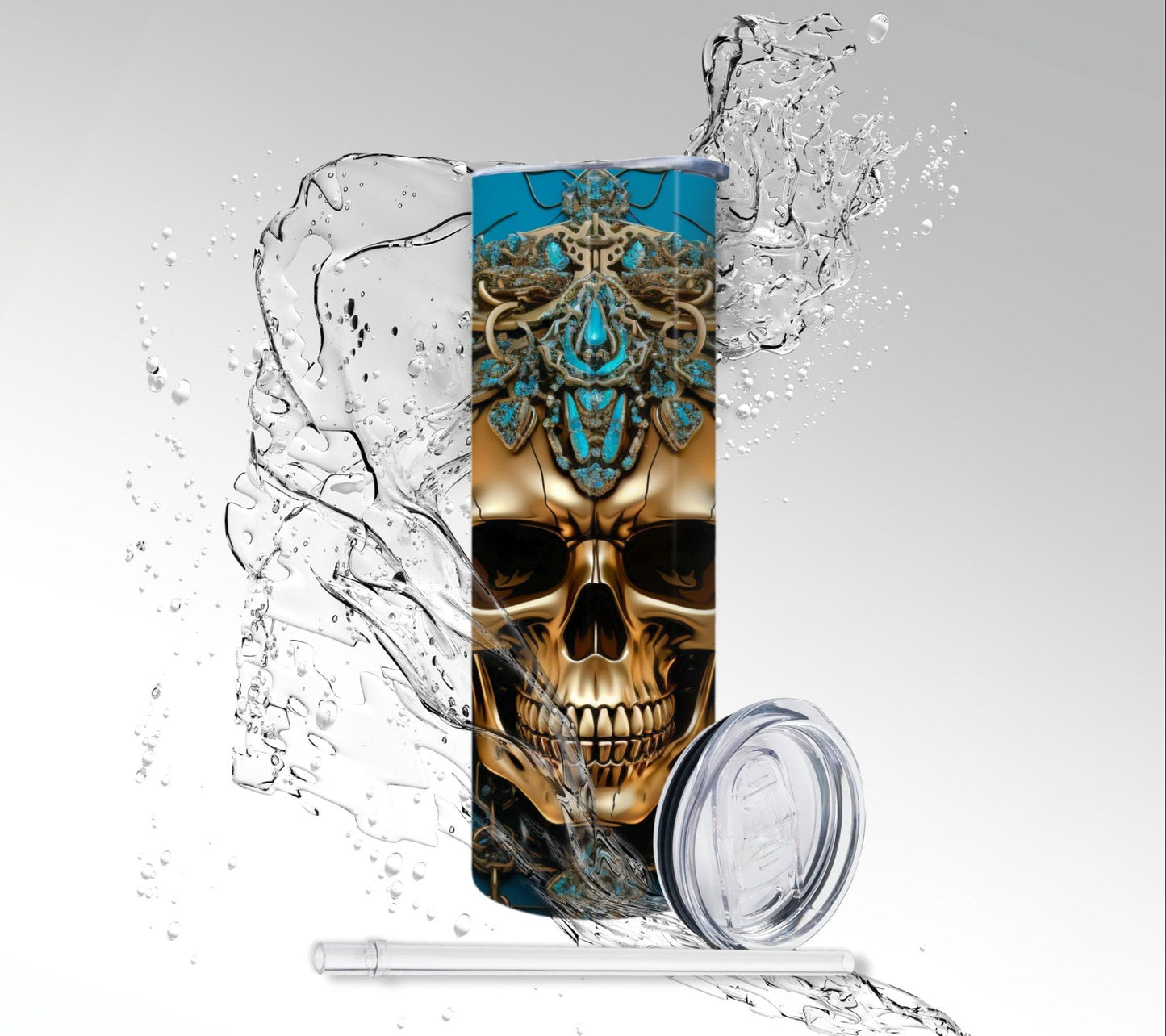 Gold & Turquoise Chained Skull, Sublimated 20 oz Skinny Tumbler