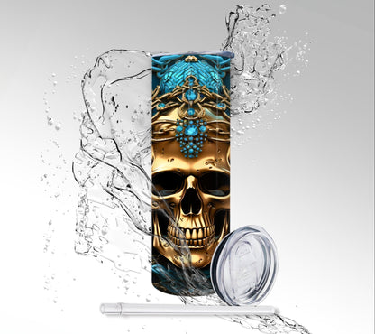 Gold & Turquoise Skull, Sublimated 20 oz Skinny Tumbler