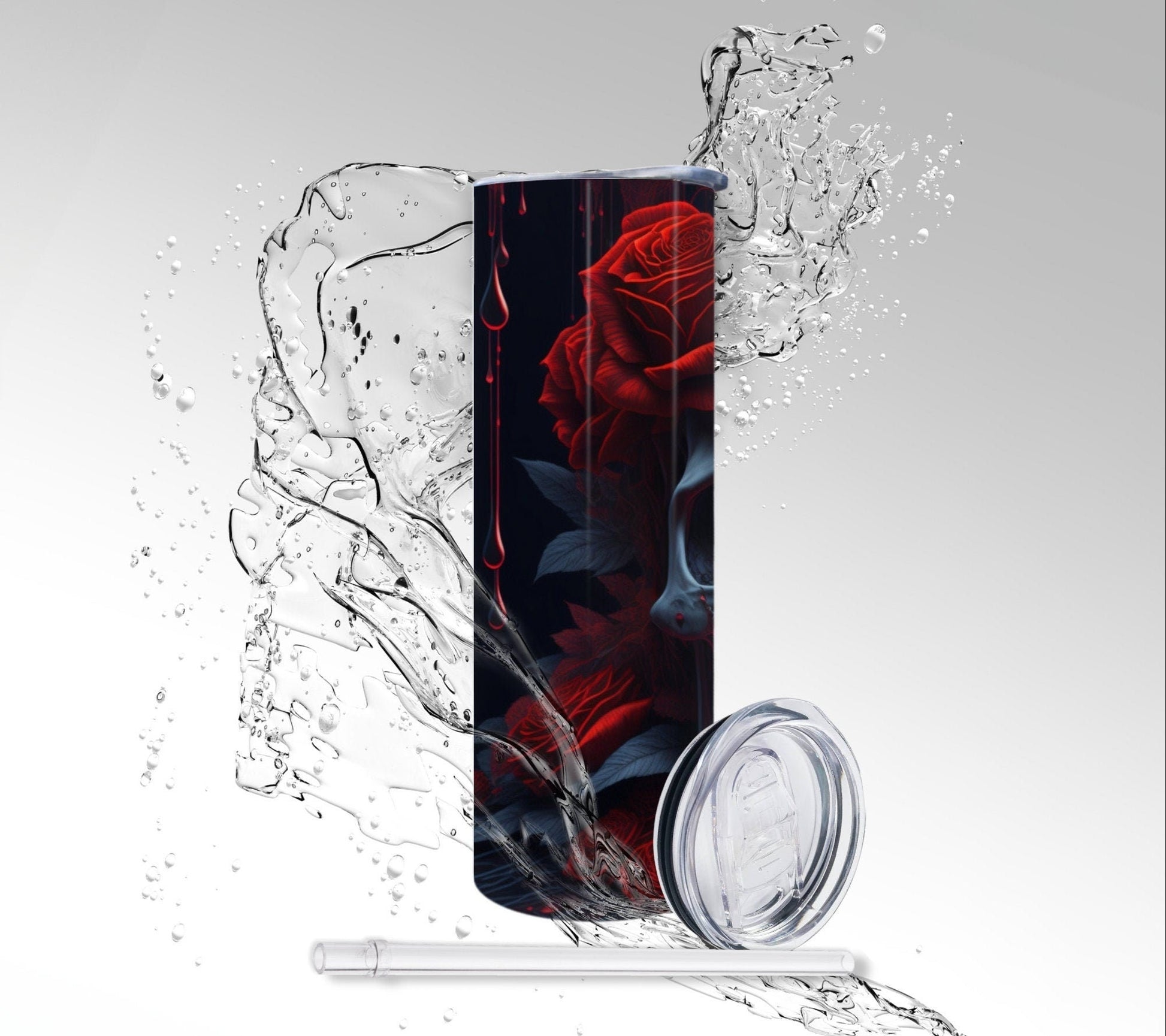 Haunted Red Rose Skull, Sublimated 20 oz Skinny Tumbler