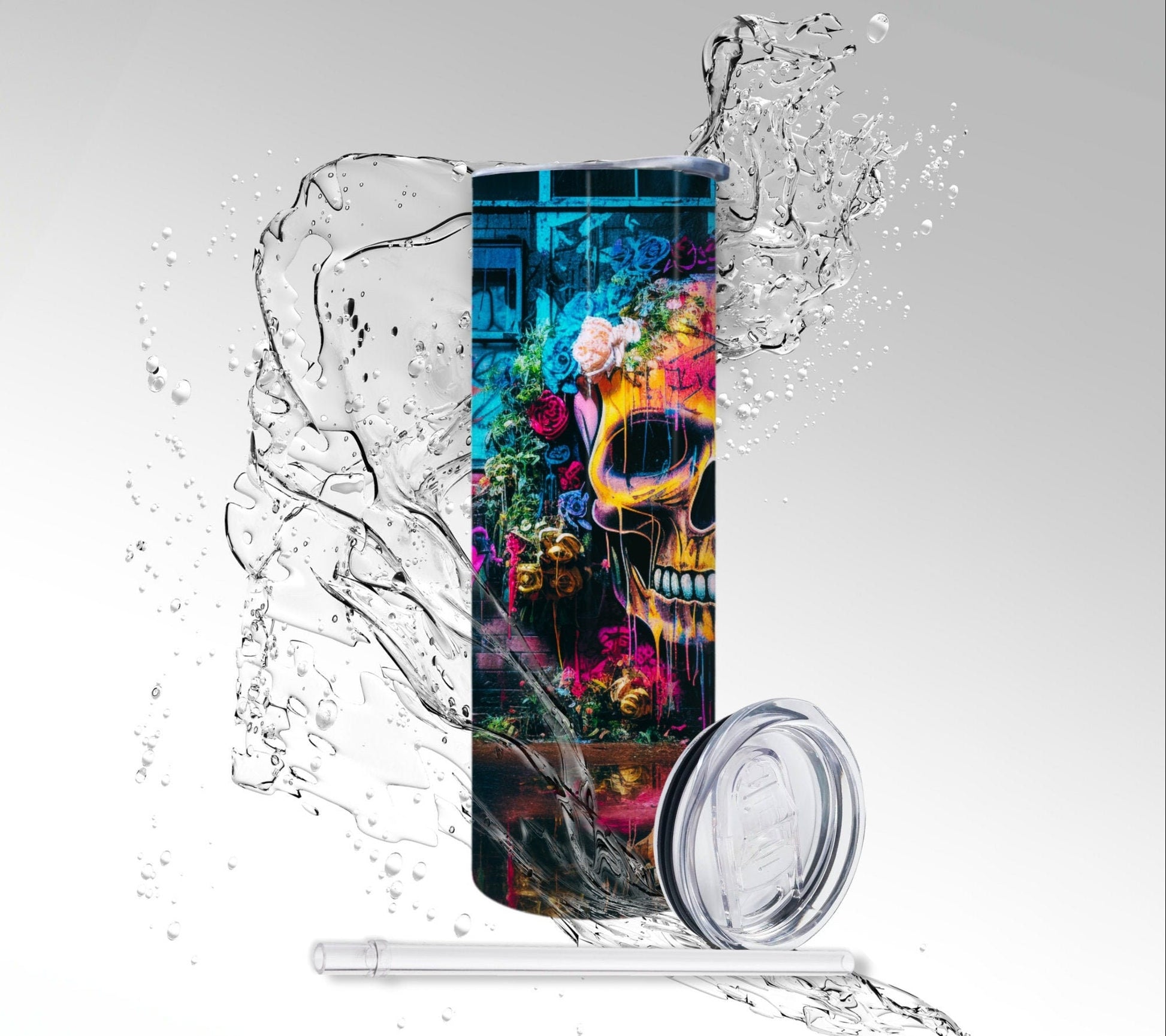 Wall Graffiti Skull Art, Sublimated 20 oz Skinny Tumbler