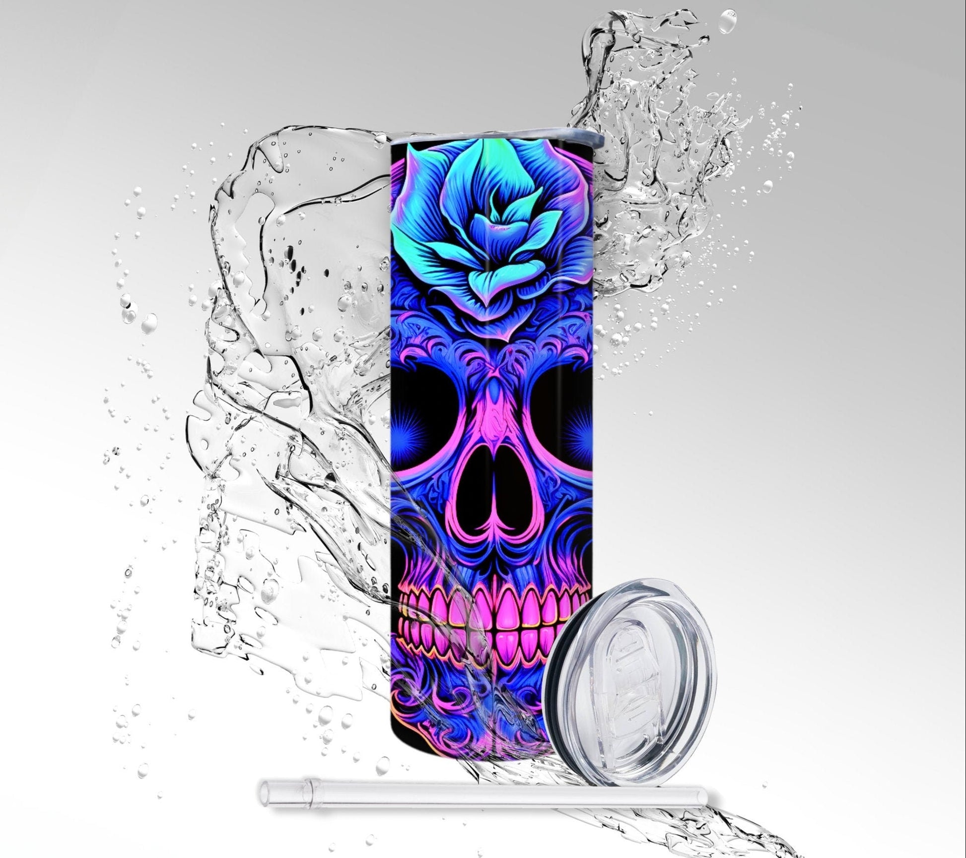 Neon Blacklight Skull & Flowers, Sublimated 20 oz Skinny Tumbler