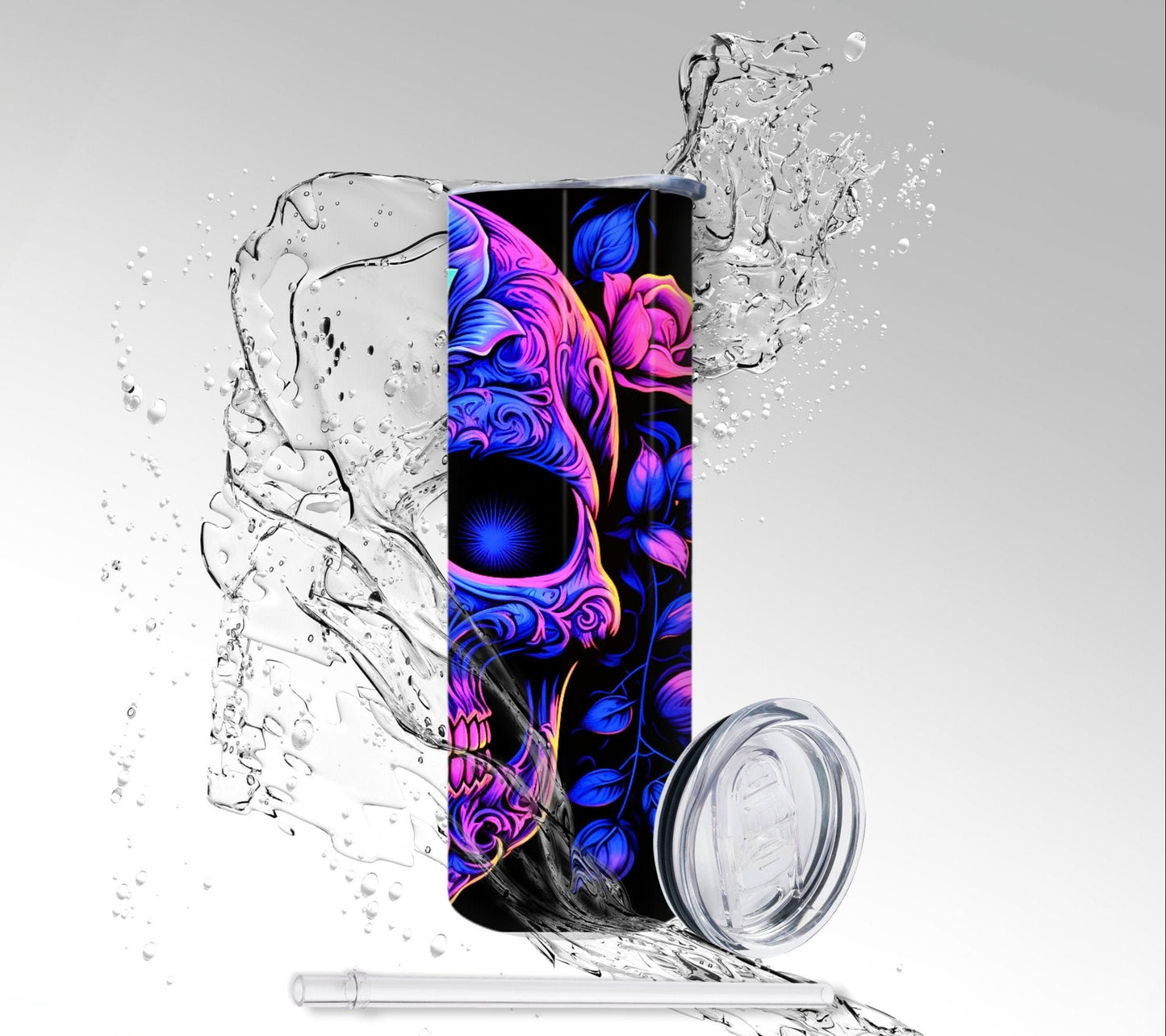 Neon Blacklight Skull & Flowers, Sublimated 20 oz Skinny Tumbler