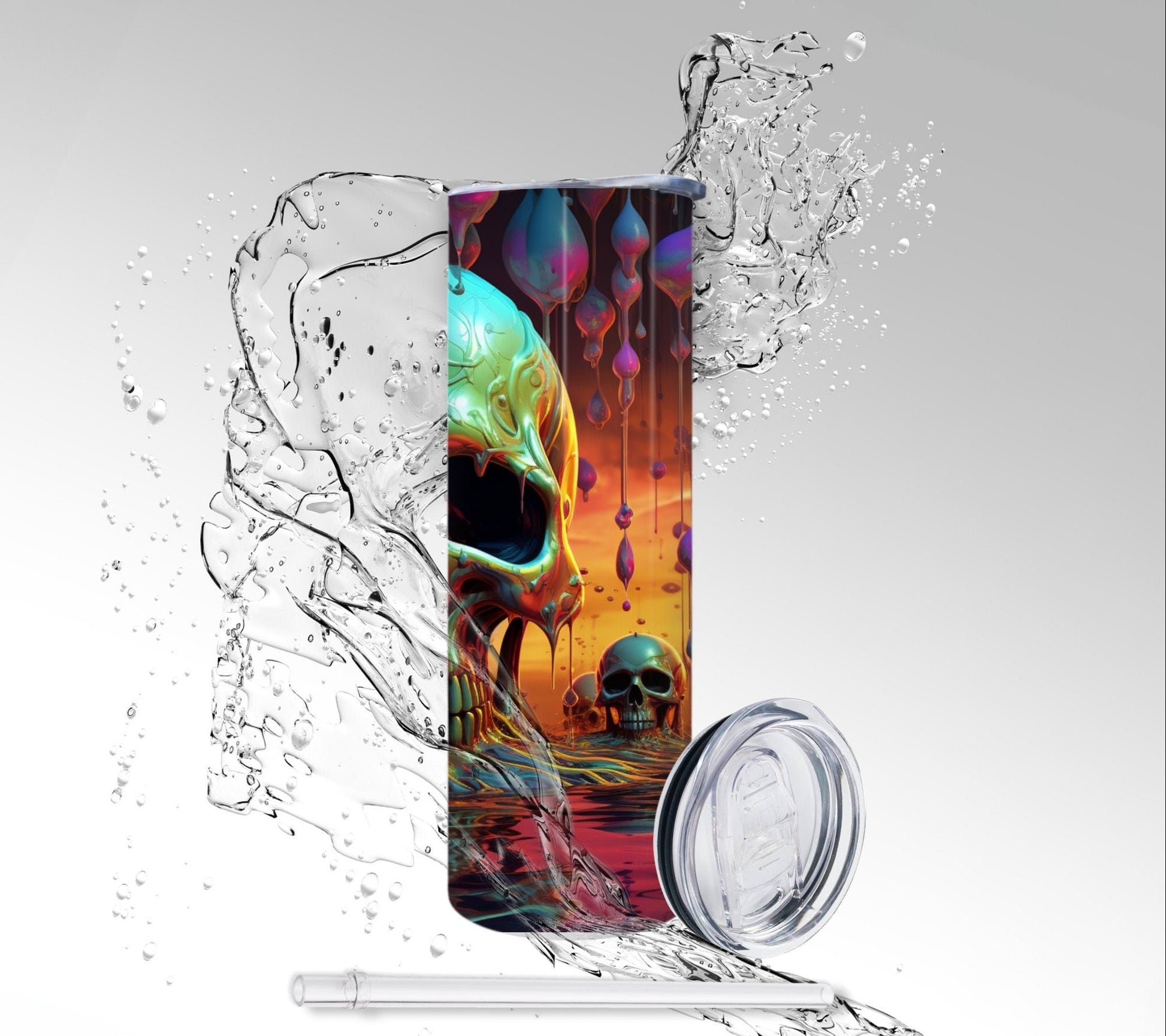 Paint Drip Water Skull, Sublimated 20 oz Skinny Tumbler