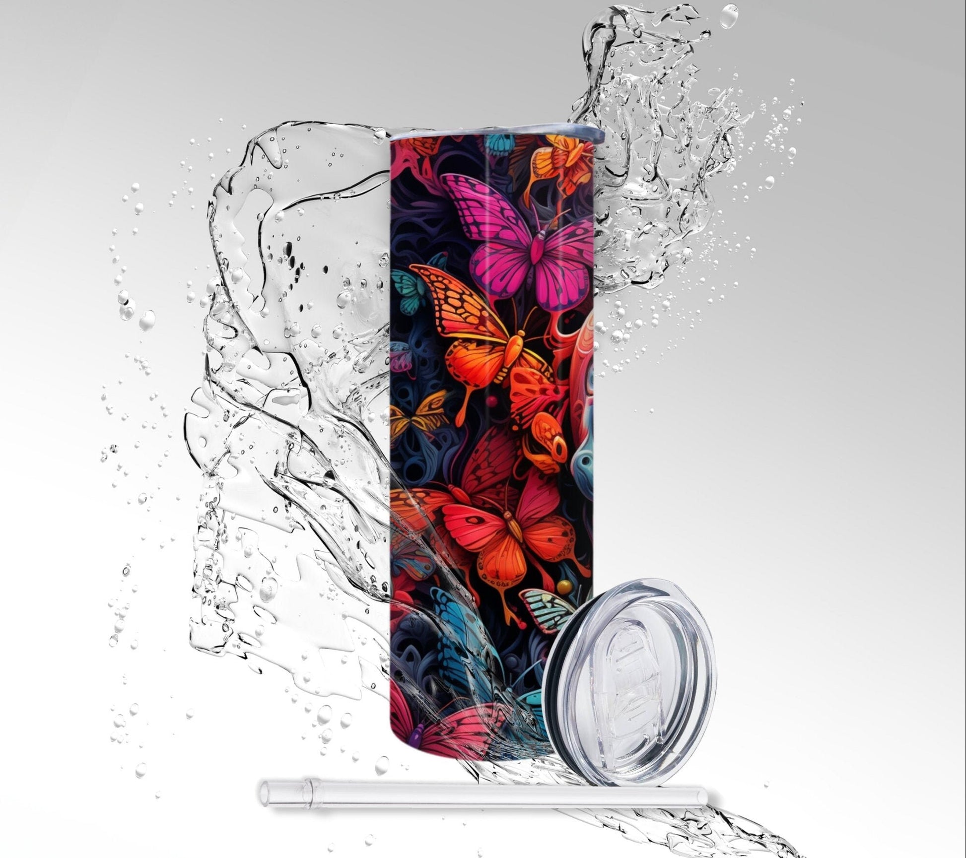 Skeleton Rainbow Butterflies, Sublimated 20 oz Skinny Tumbler