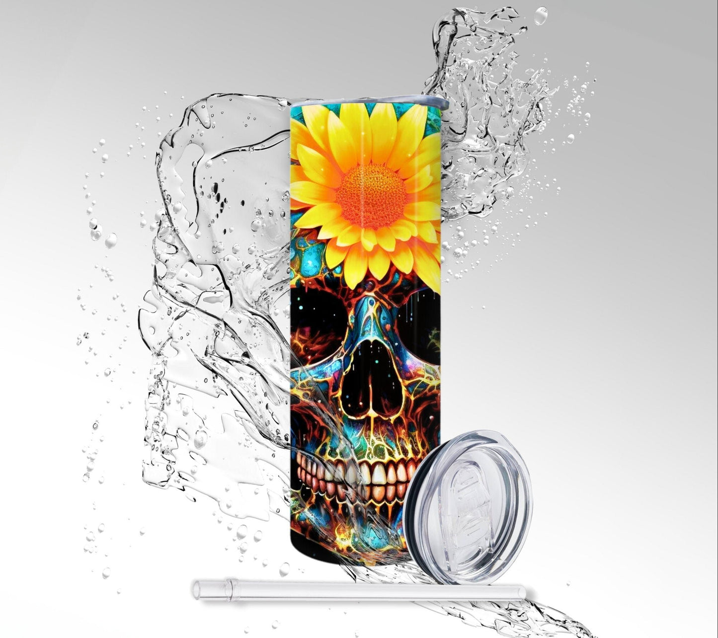 Splatter Paint Flowers Skull, Sublimated 20 oz Skinny Tumbler