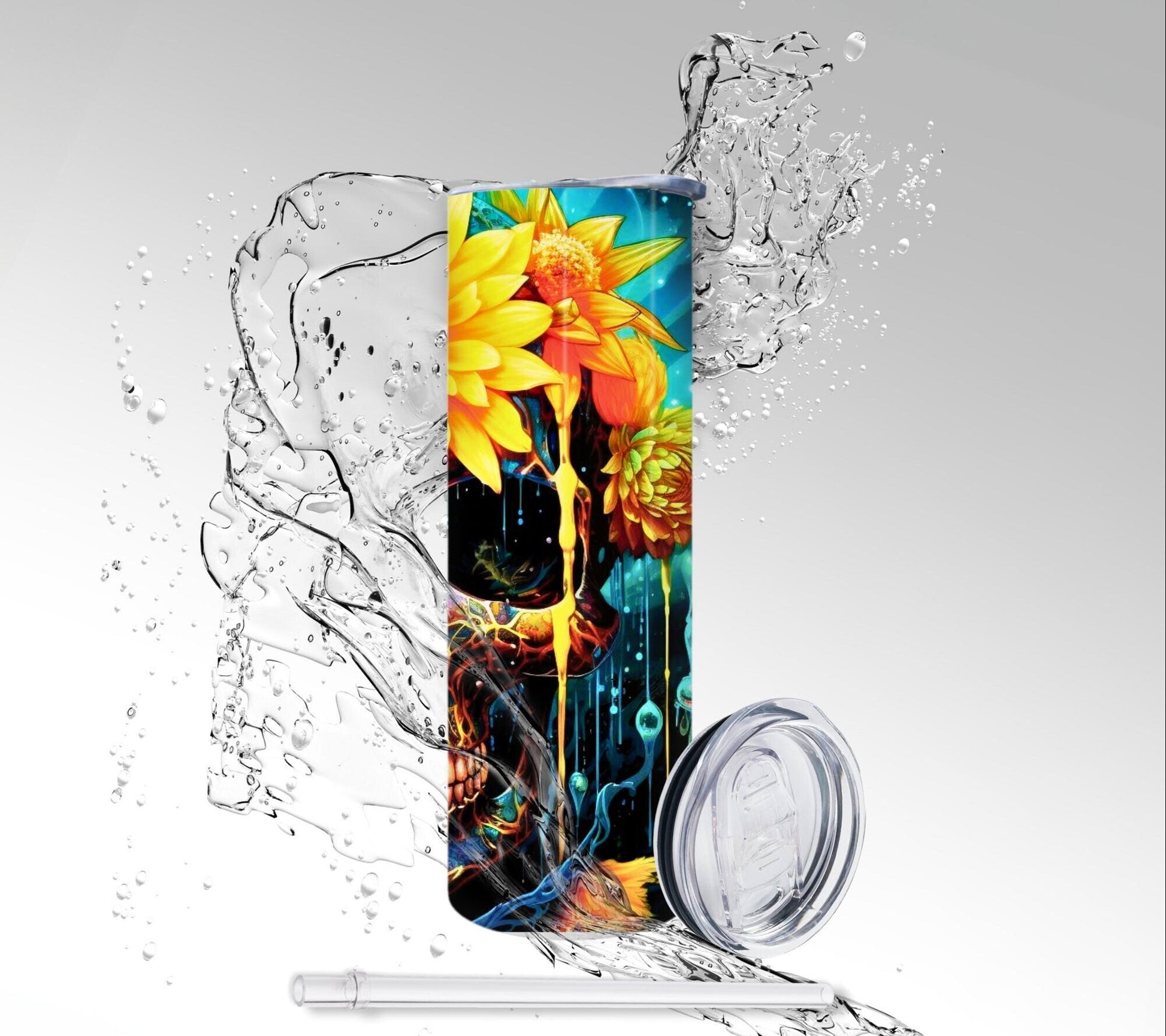 Splatter Paint Flowers Skull, Sublimated 20 oz Skinny Tumbler