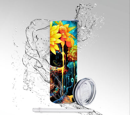 Splatter Paint Flowers Skull, Sublimated 20 oz Skinny Tumbler