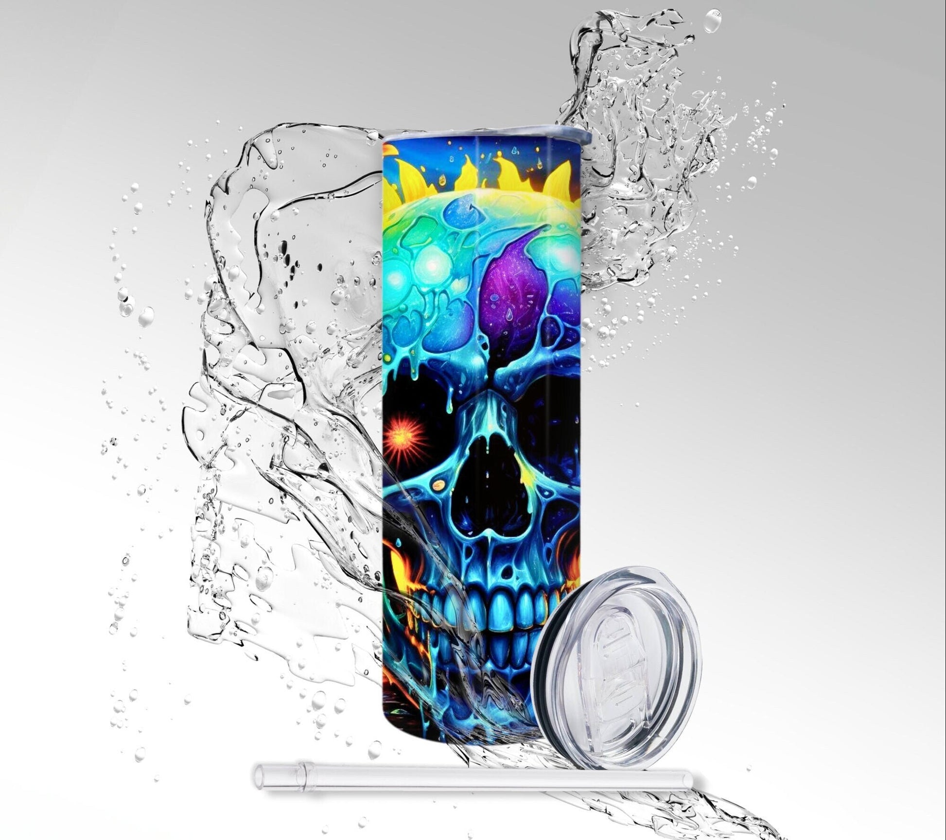 Painted Flowers Titanium Skull, Sublimated 20 oz Skinny Tumbler