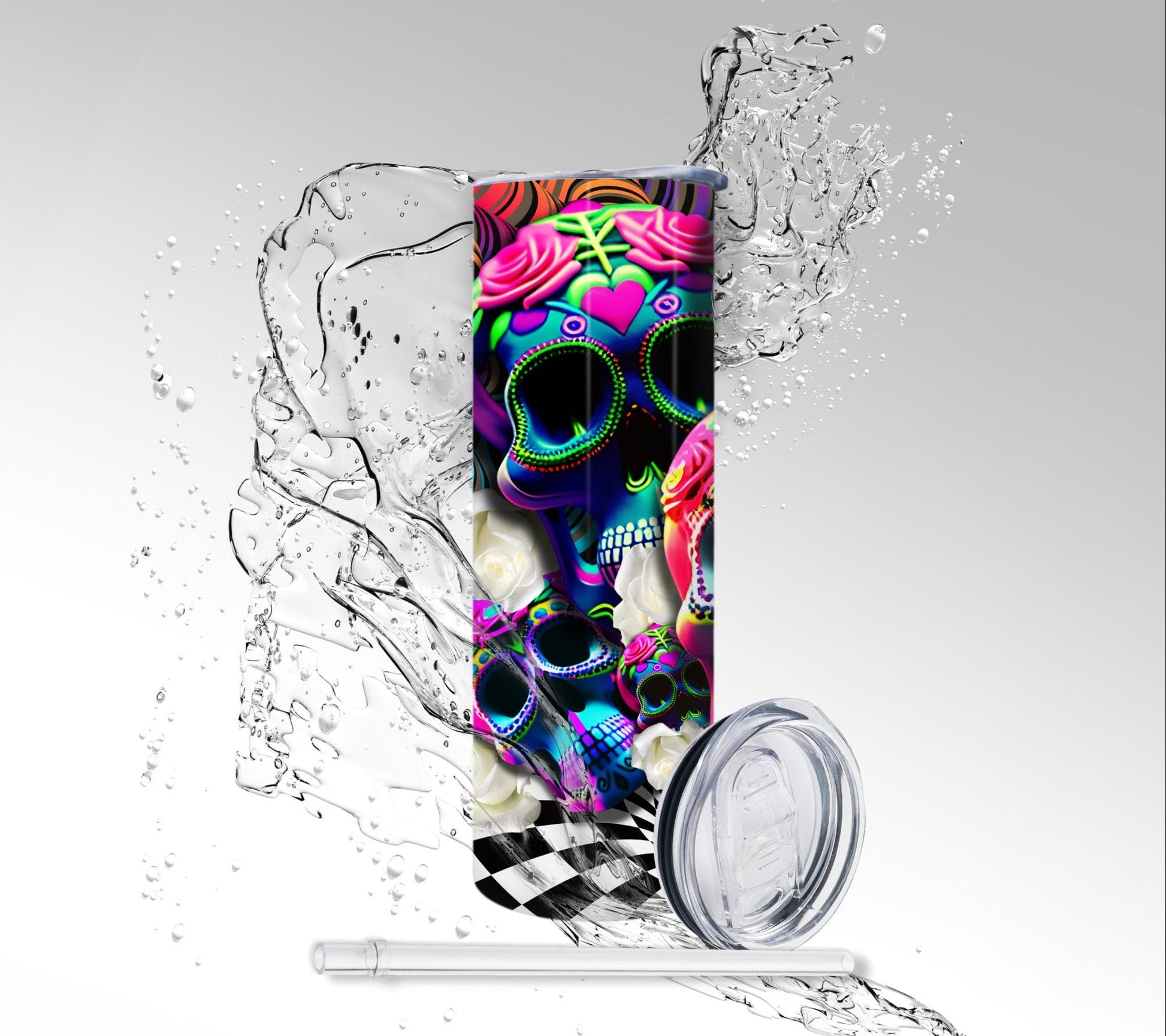 Psychedelic Sugar Skulls, Sublimated 20 oz Skinny Tumbler