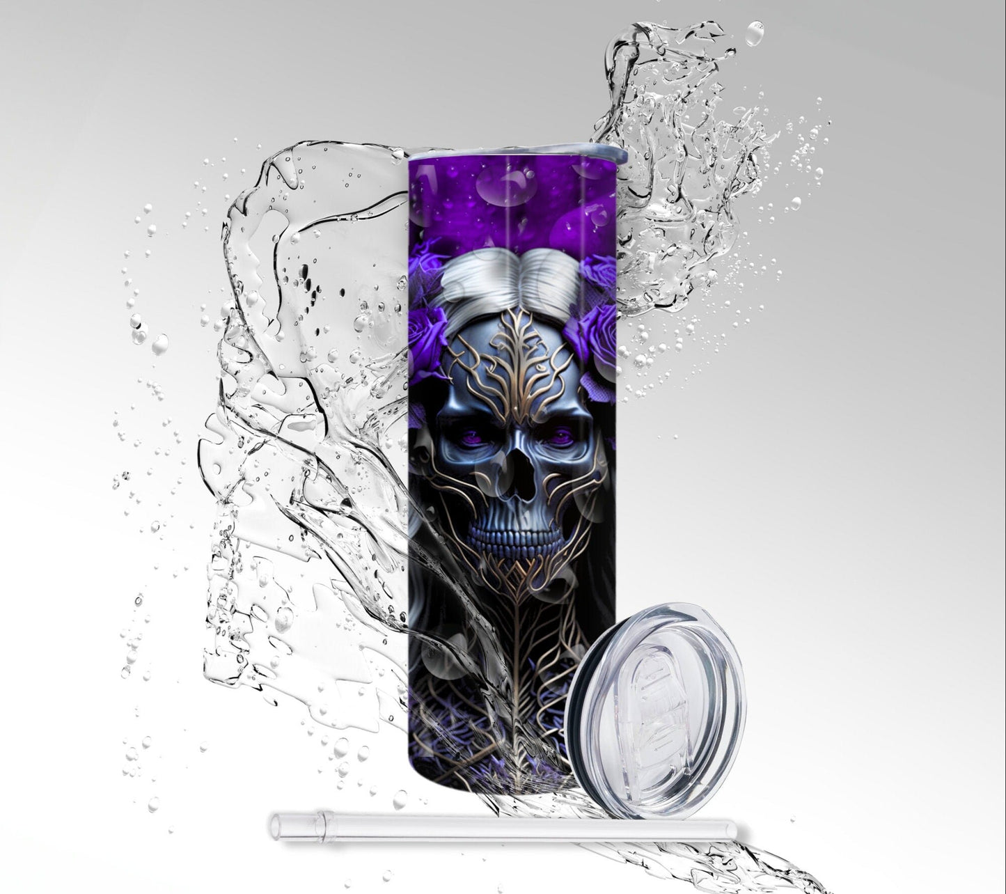 Purple Rose Skeleton Goddess , Sublimated 20 oz Skinny Tumbler