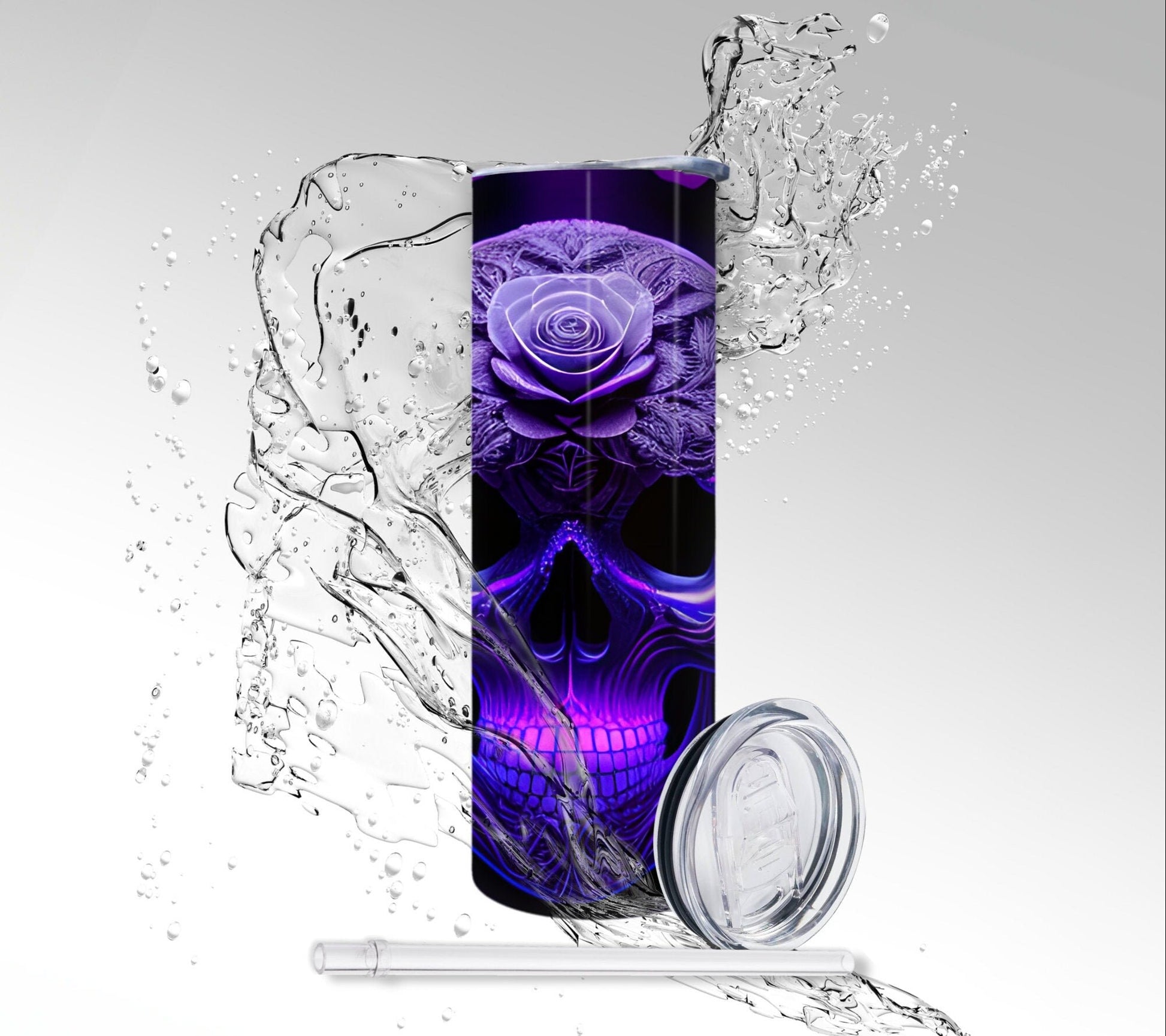 Purple Glow Rose Skull, Sublimated 20 oz Skinny Tumbler