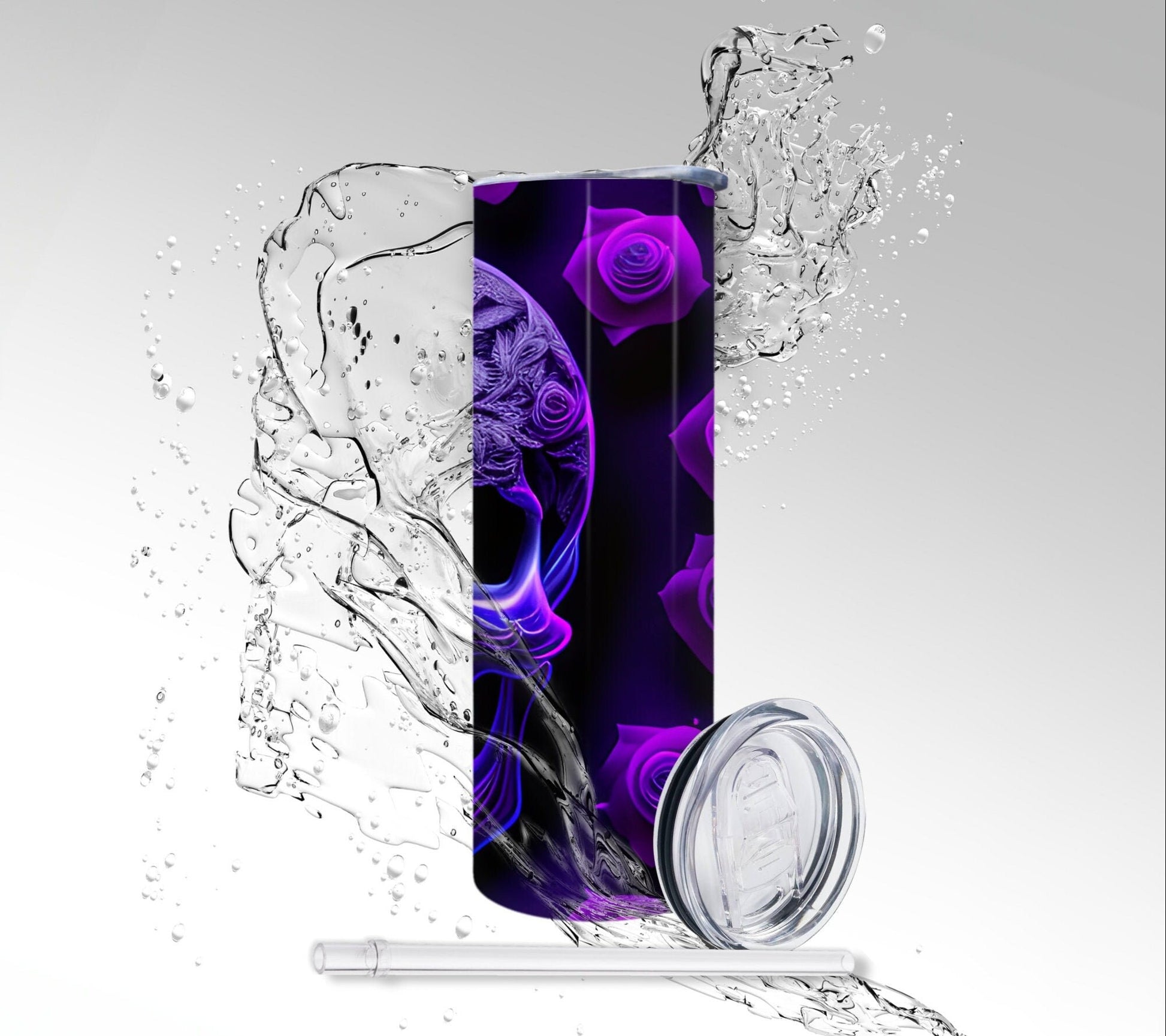 Purple Glow Rose Skull, Sublimated 20 oz Skinny Tumbler