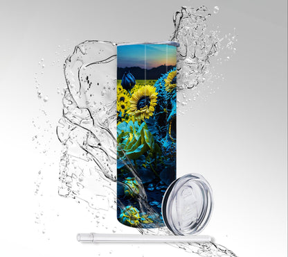 Yellow Sunflower Field Skull, Sublimated 20 oz Skinny Tumbler