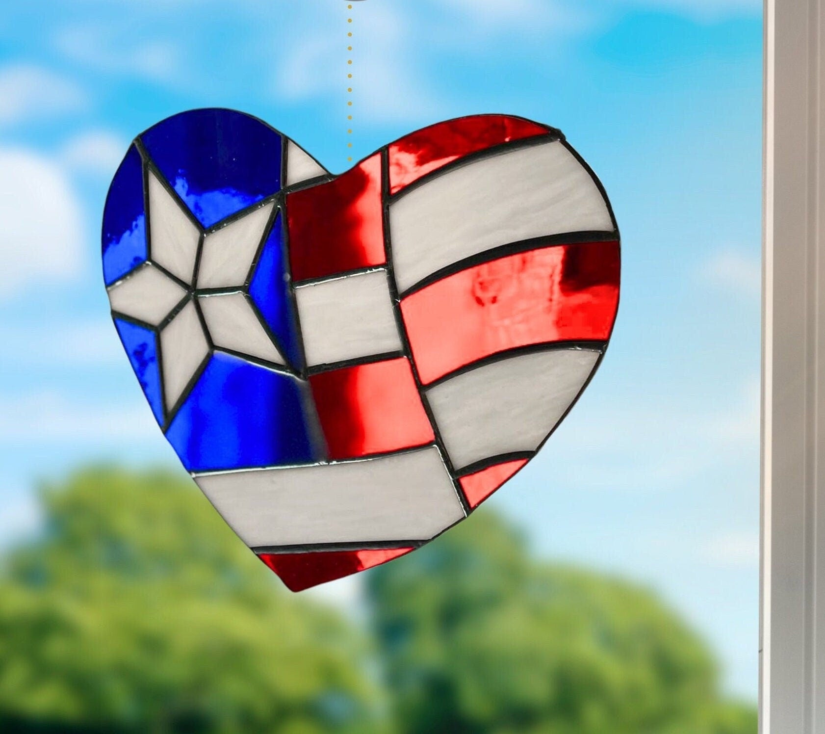 Stained Glass: Sun Catchers Texas Flag Heart Stained Glass, Holiday Decor For Windows