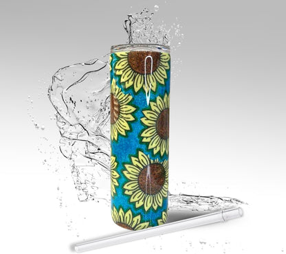 Aqua Blue & Sunflowers, Glitter Epoxy 20oz Skinny Tumbler