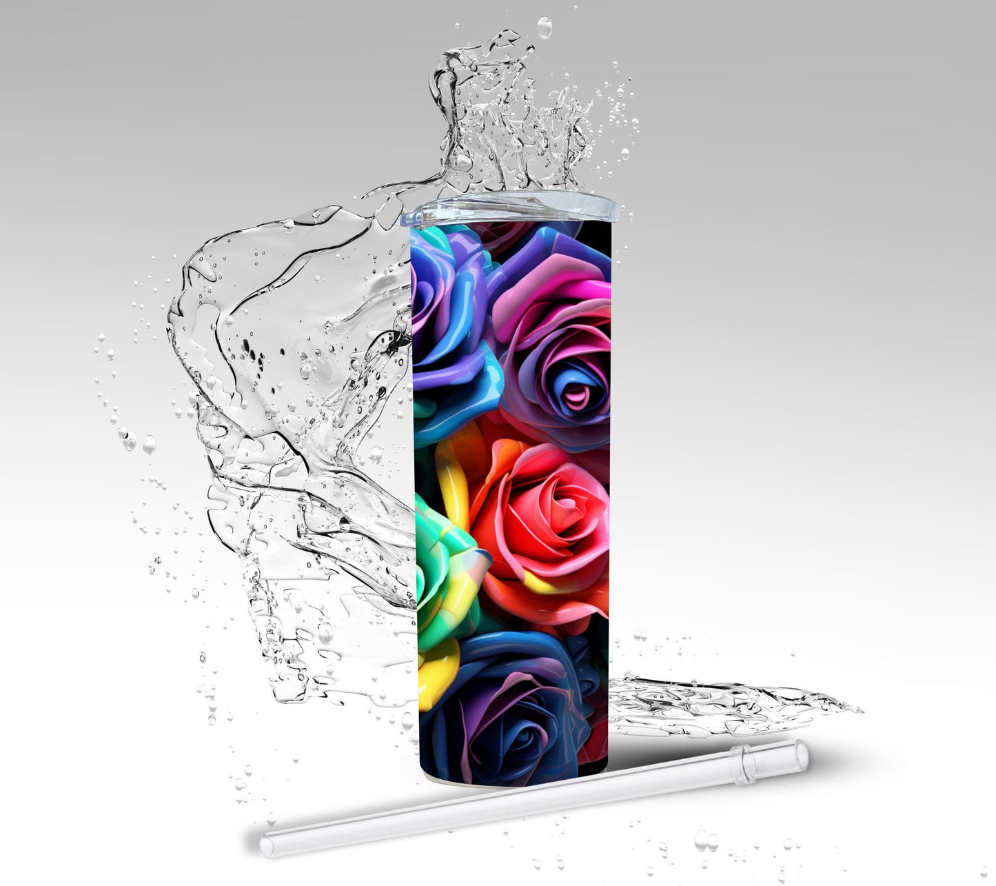 3D Rainbow Roses, Sublimated 20 oz Skinny Tumbler