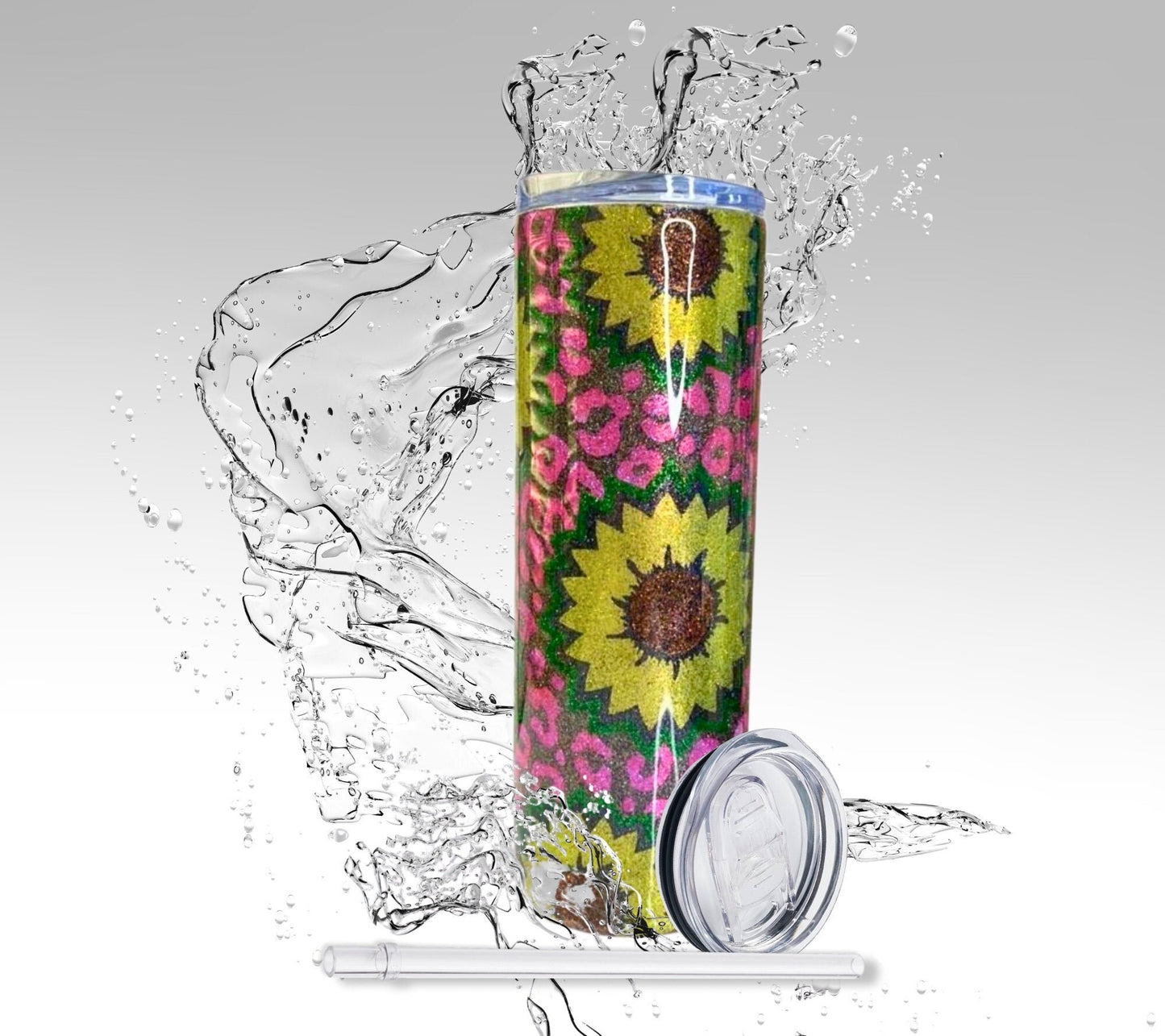 Sunflower Leopard Print, Glitter Epoxy 20oz Skinny Tumbler