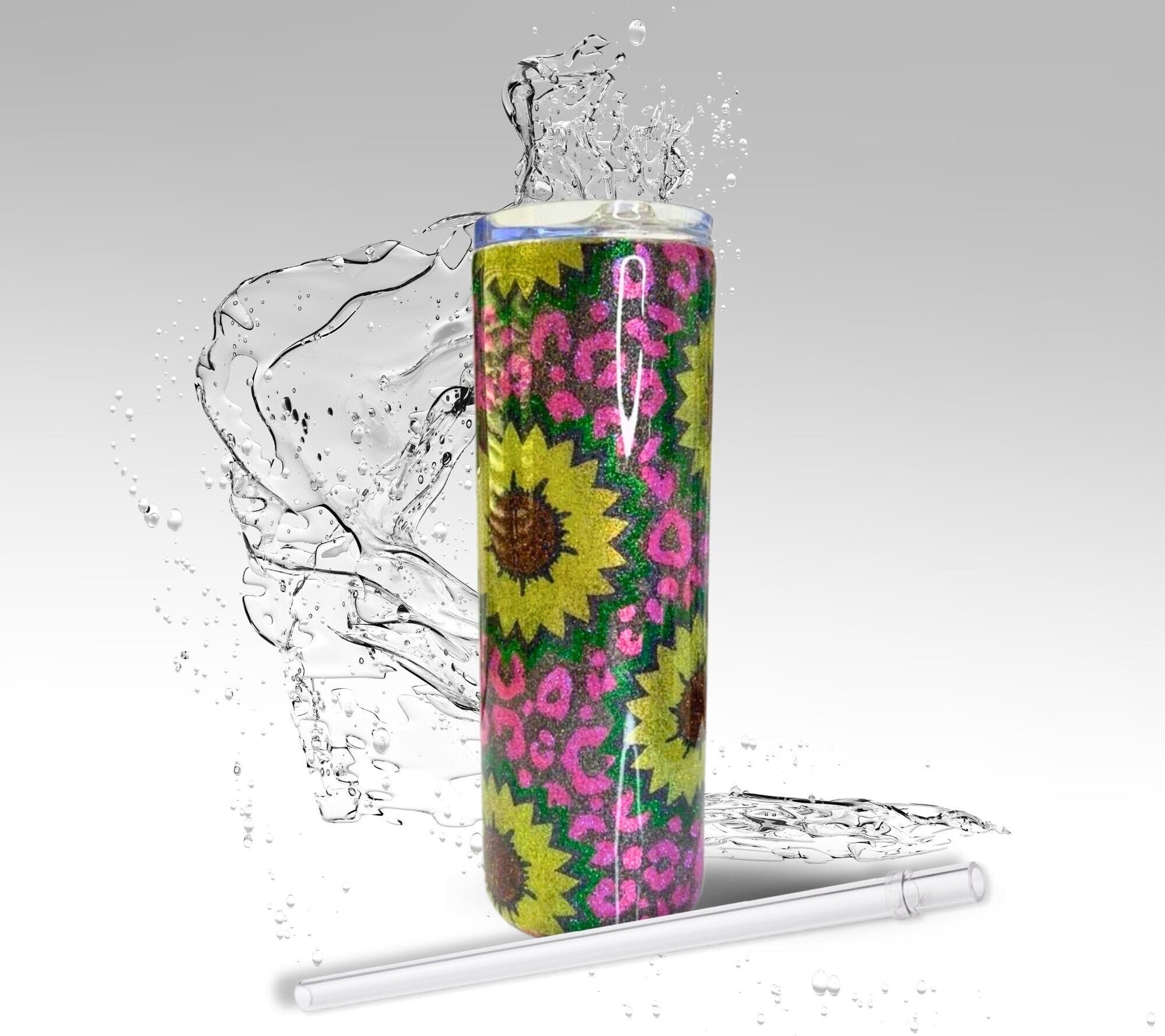 Sunflower Leopard Print, Glitter Epoxy 20oz Skinny Tumbler