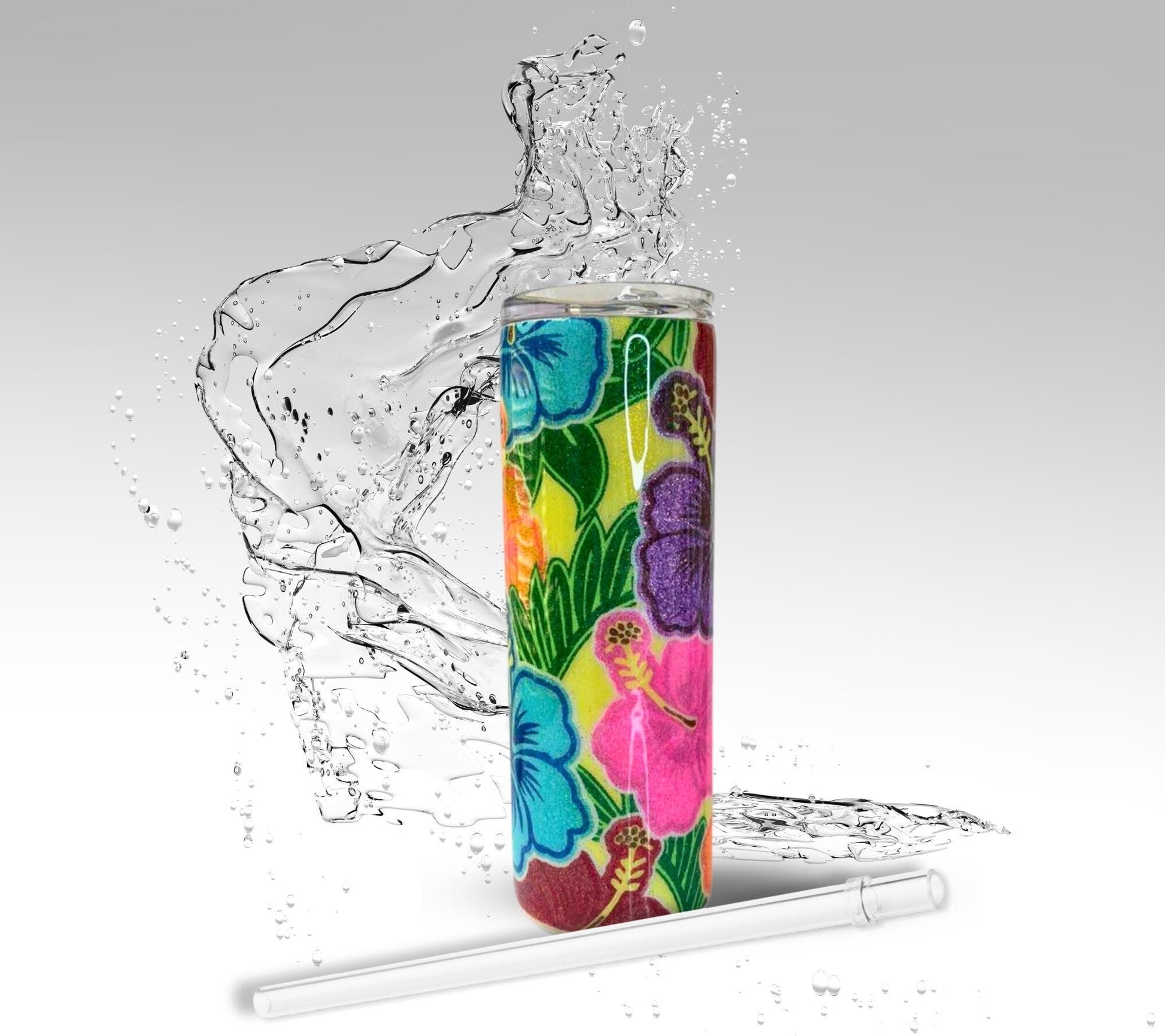 Neon Hawaiian Hibiscus Flowers, Epoxy 20 oz Skinny Tumbler